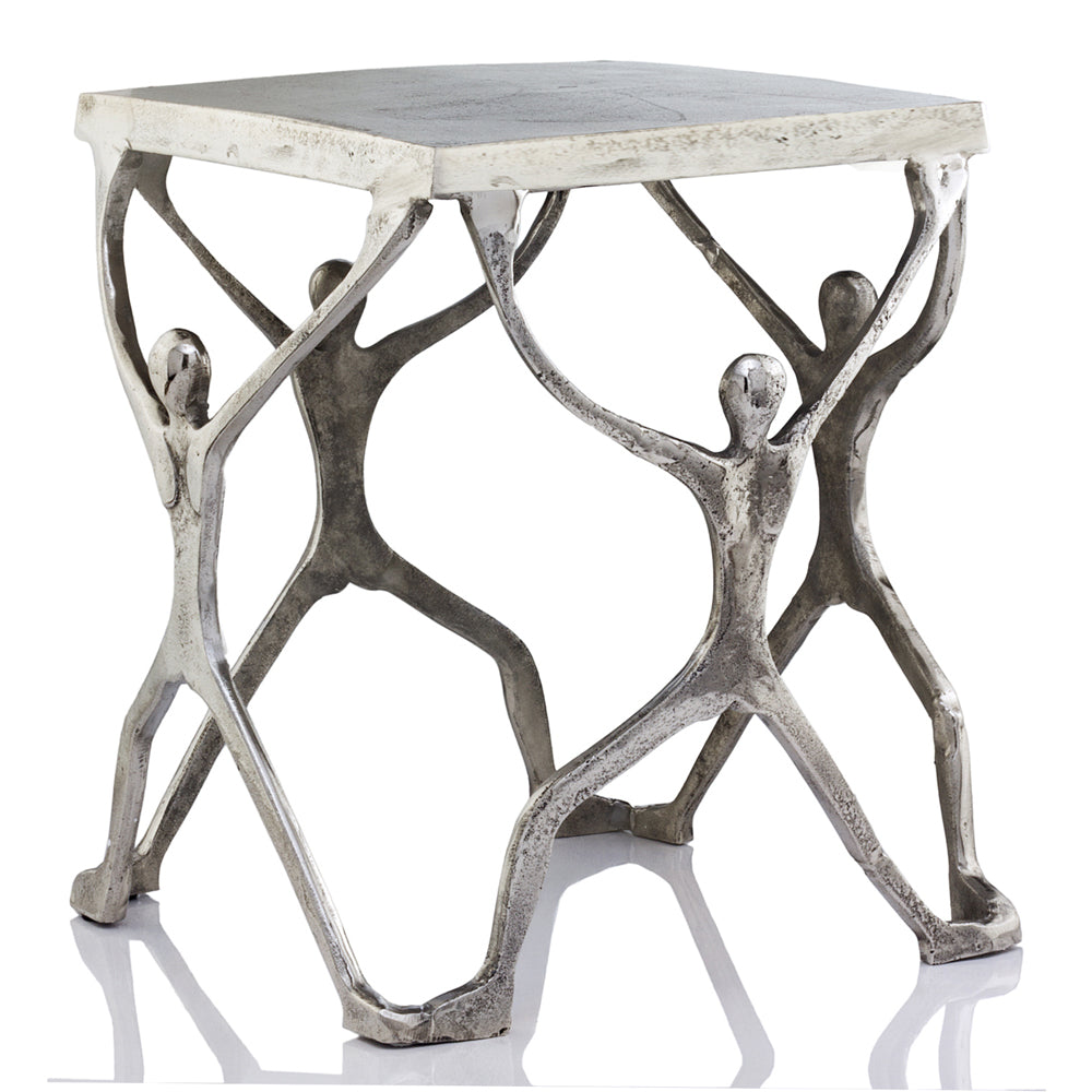 A stylish 18x18x18 buffed man figure table made of aluminum, showcasing a modern design with a polished surface.