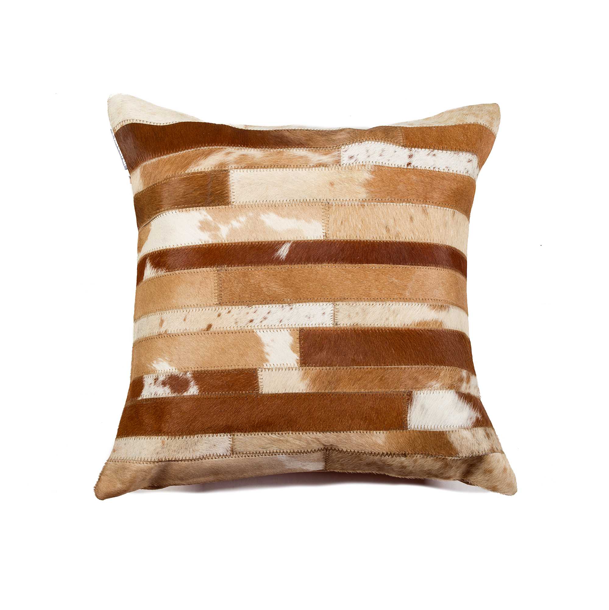 18x18 brown and natural decorative pillow made from premium cowhide with soft microsuede backing and hidden zipper closure.