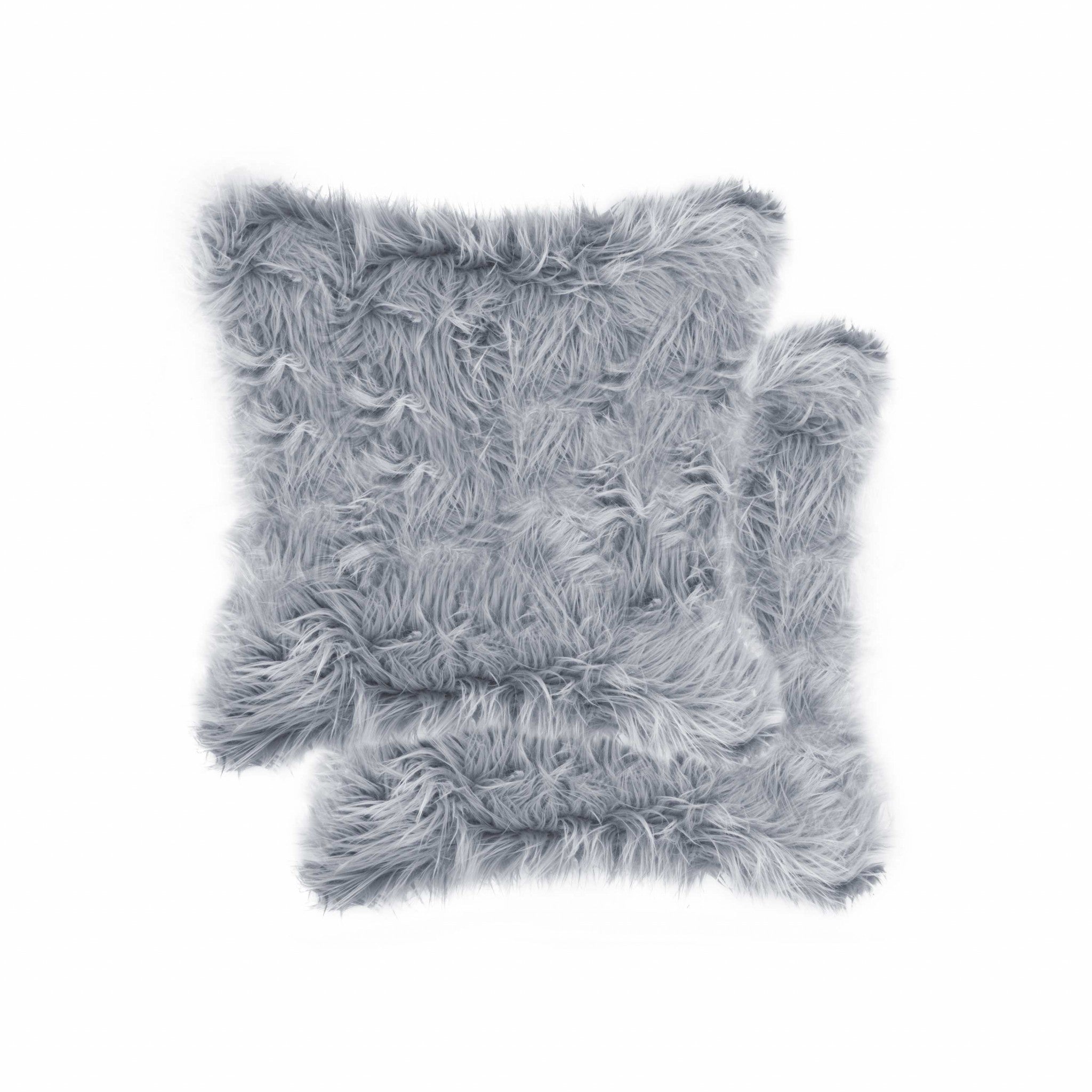 Two luxurious grey faux fur pillows, 18x18 inches, showcasing a soft and plush texture, perfect for home decor.