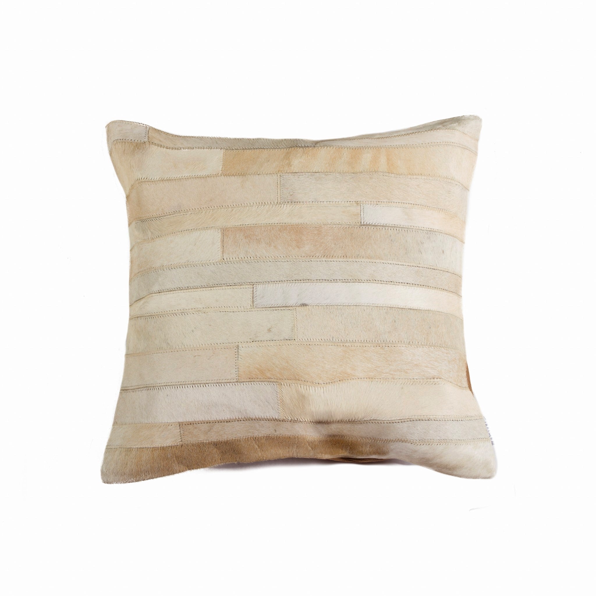 18x18 natural cowhide pillow with soft microsuede backing and hidden zipper closure, showcasing unique shades and textures.