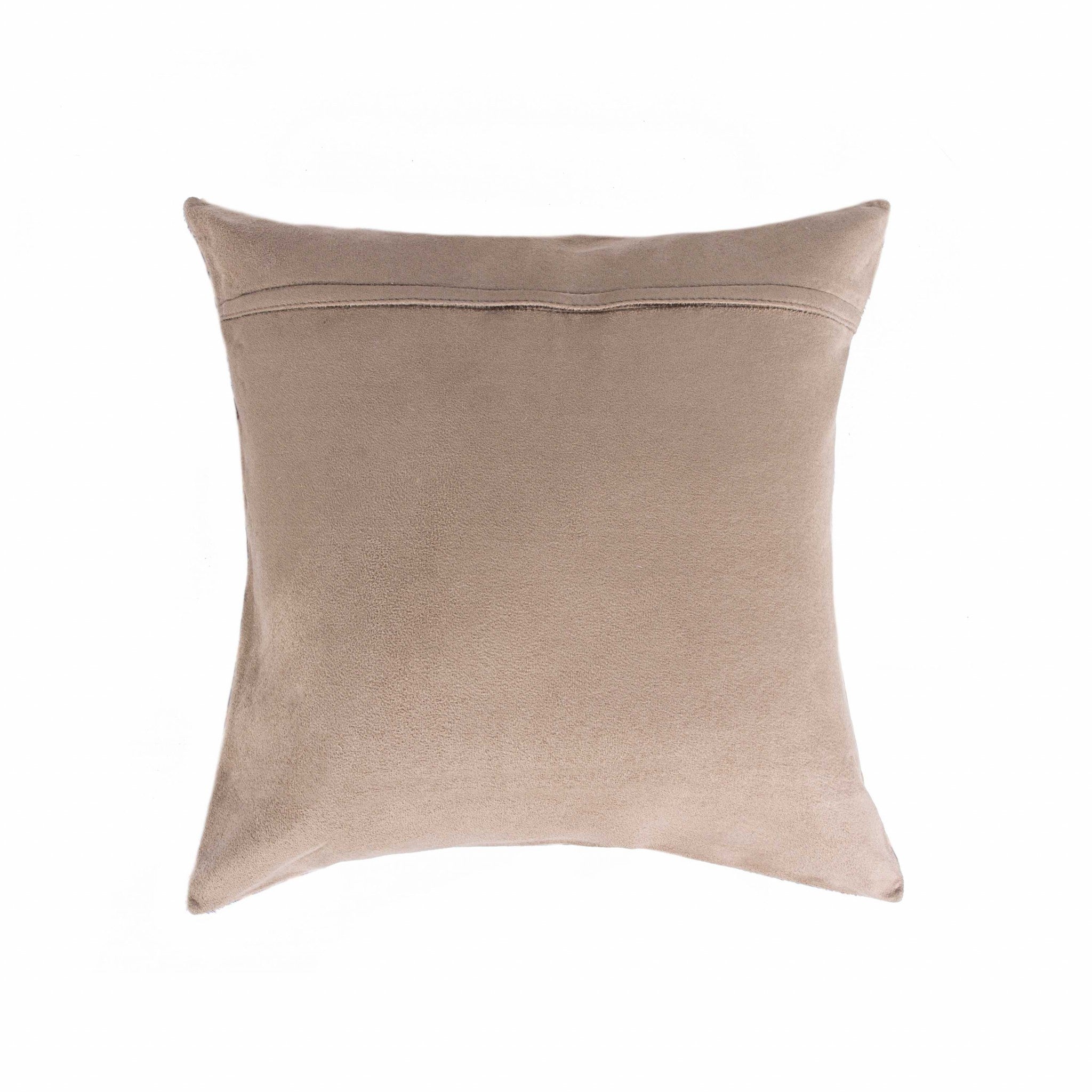 18x18 natural cowhide pillow with soft microsuede backing and hidden zipper closure, showcasing unique shades and textures.