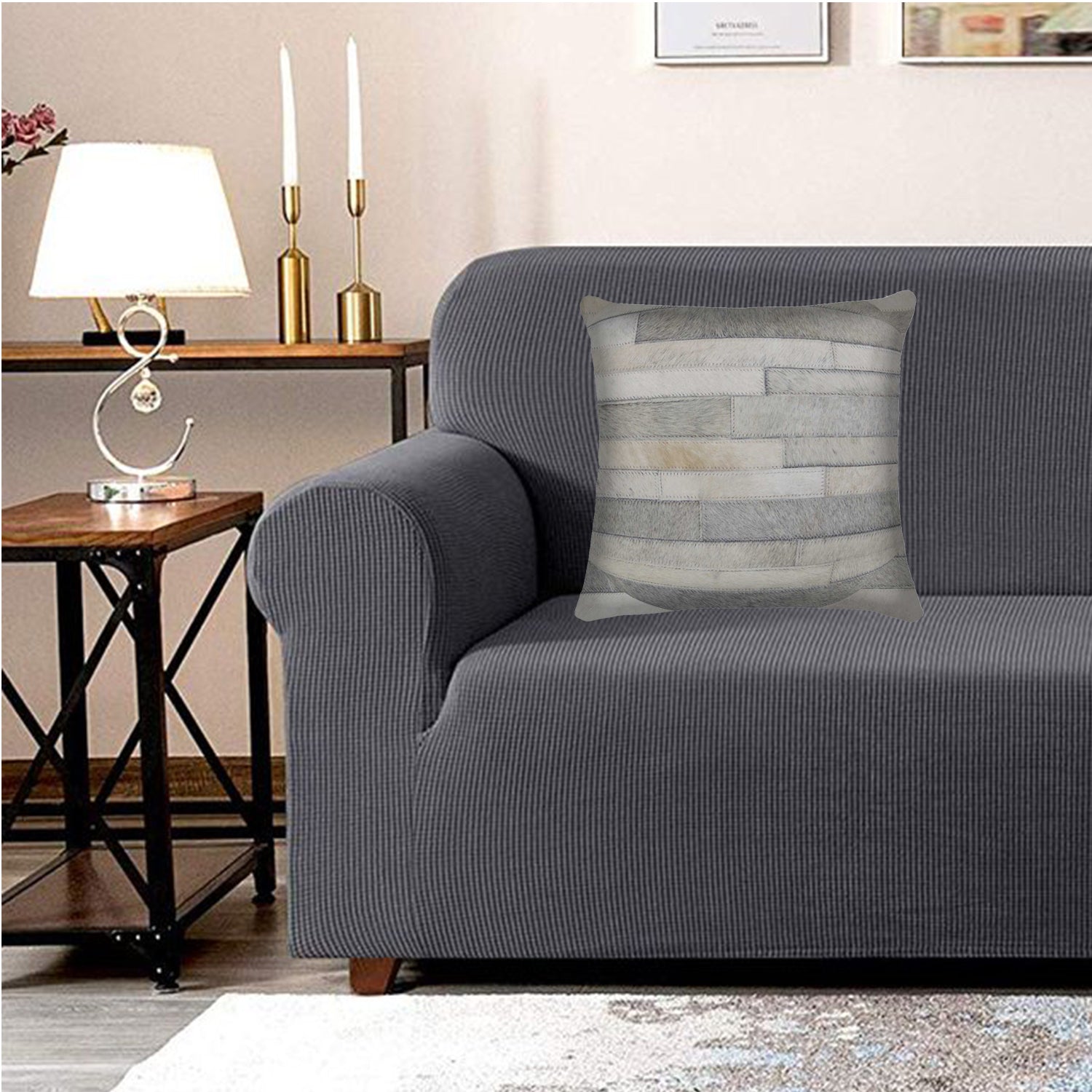 18x18 natural cowhide pillow with soft microsuede backing and hidden zipper closure, showcasing unique shades and textures.