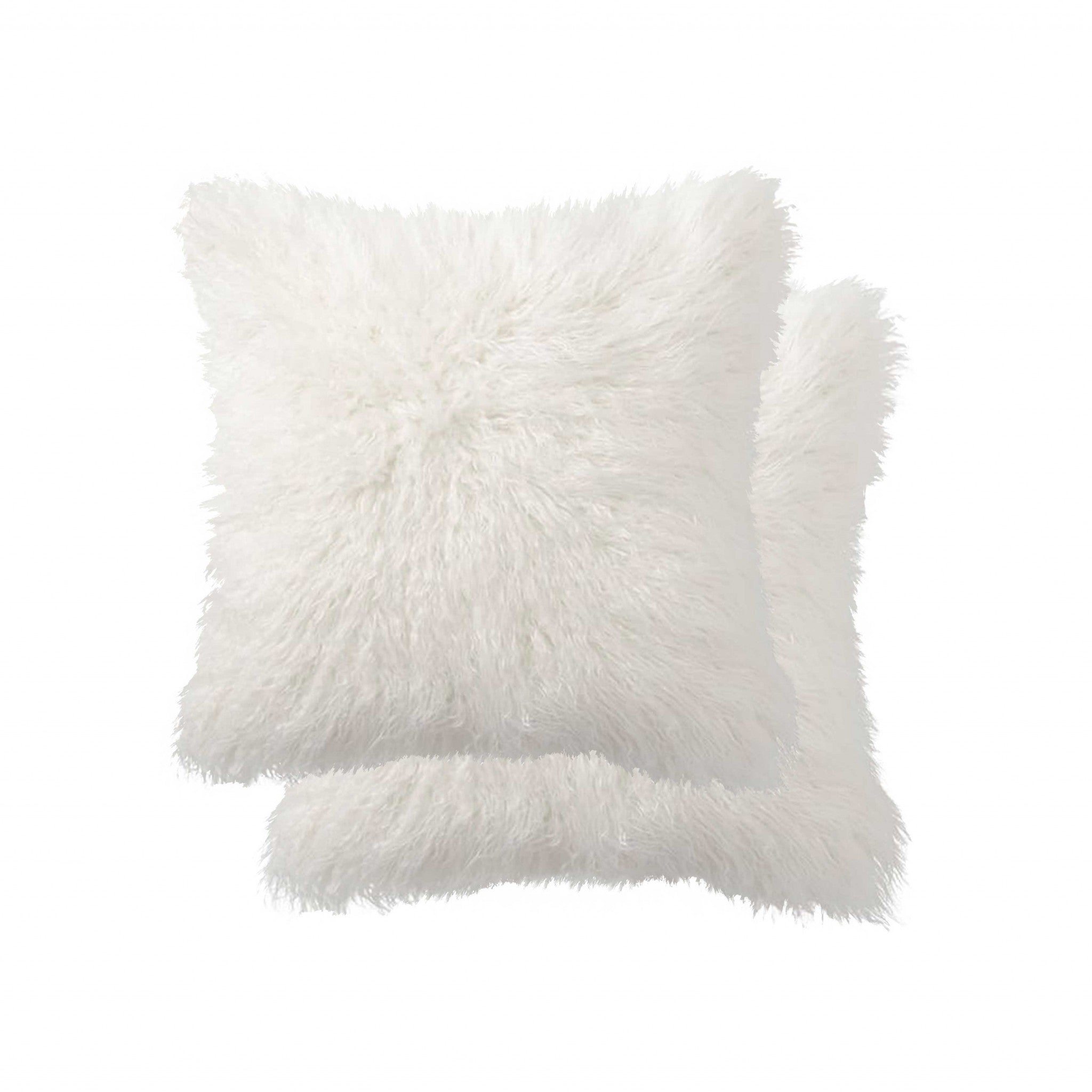 Two luxurious off white faux fur pillows, 18x18 inches, showcasing a plush texture and elegant design, perfect for home decor.