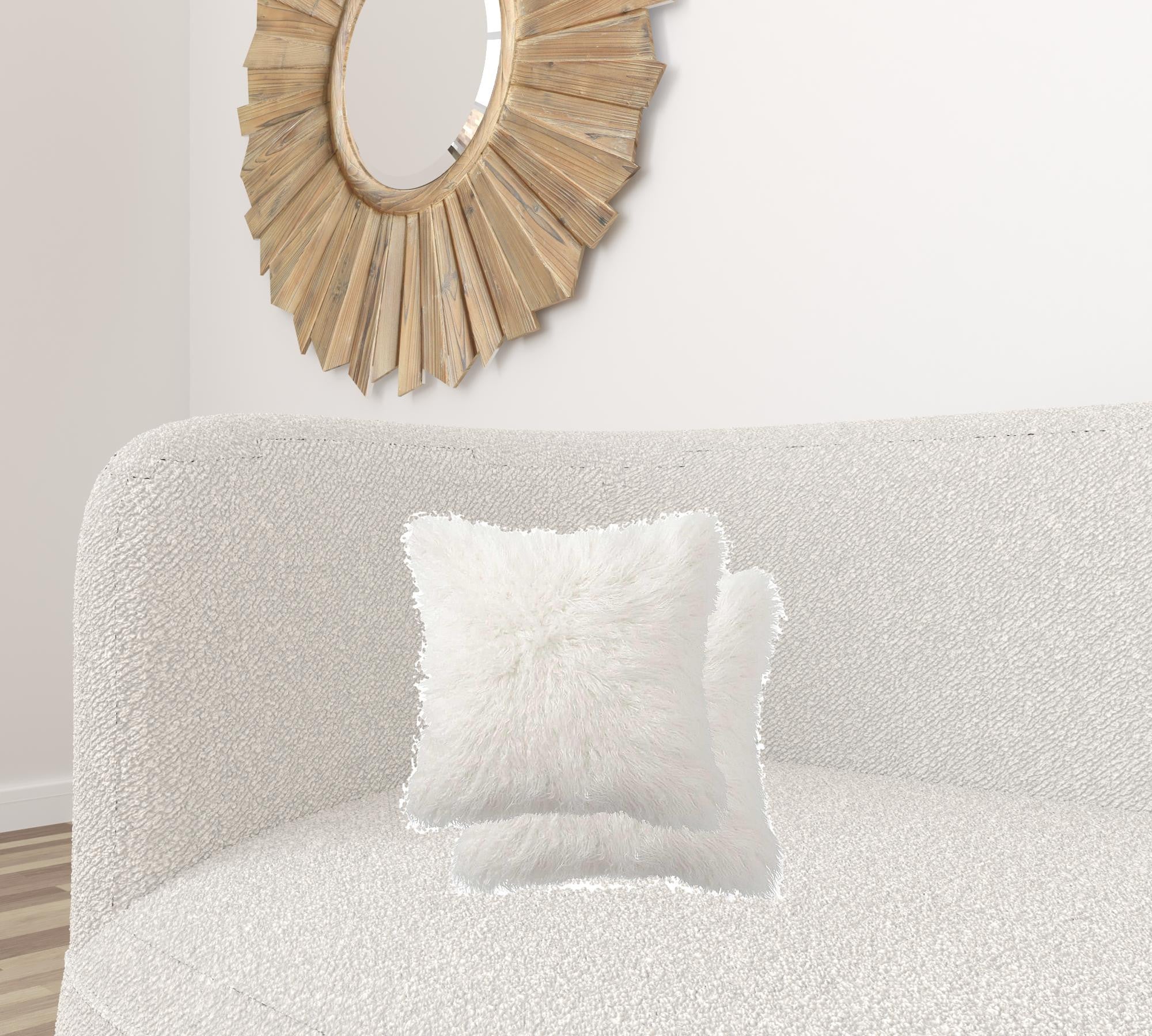 Two luxurious off white faux fur pillows, 18x18 inches, showcasing a plush texture and elegant design, perfect for home decor.