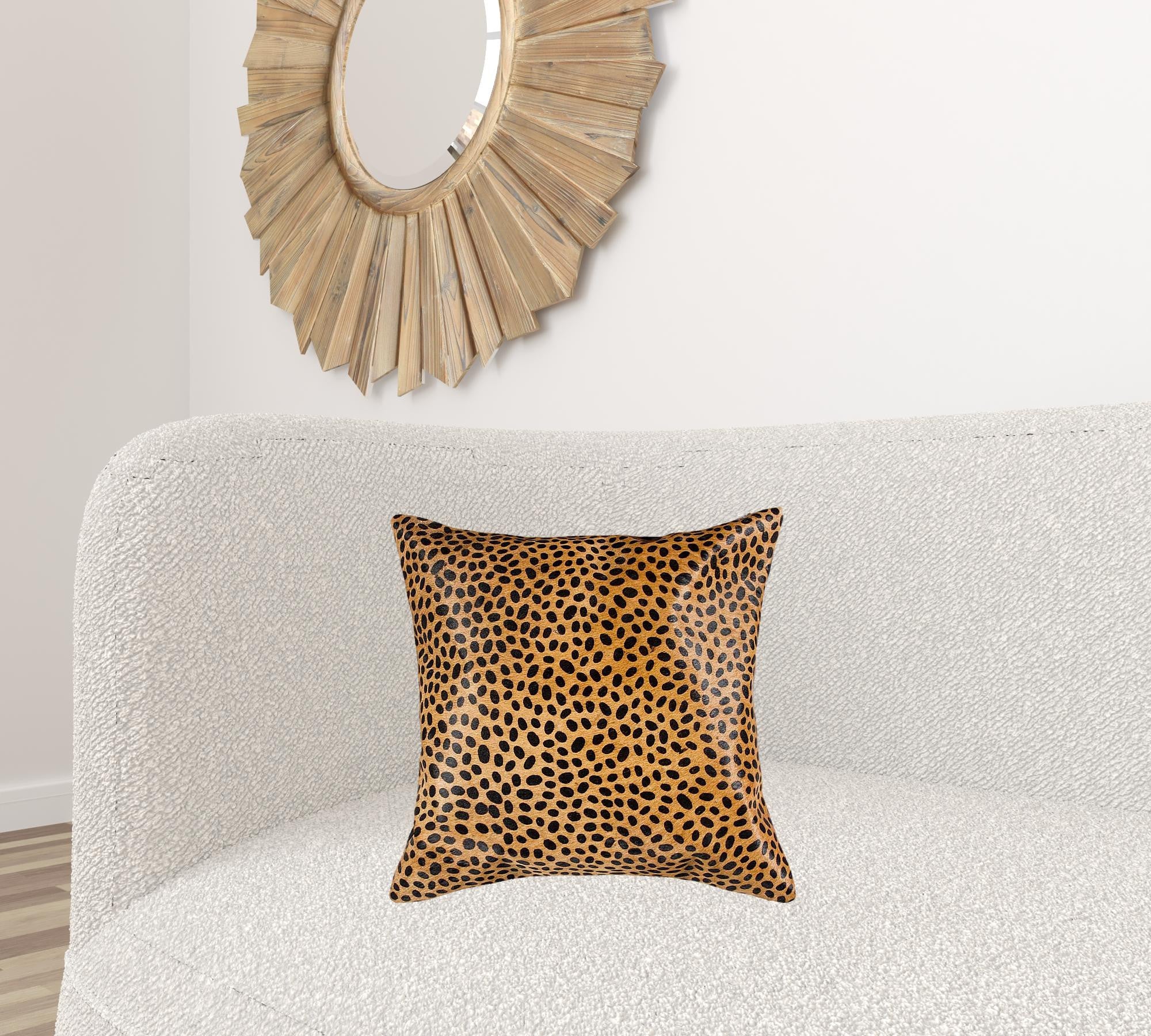 Luxurious 18x18 Sensational Cheetah Torino Kobe Cowhide pillow showcasing unique mottling and textures, perfect for home decor.
