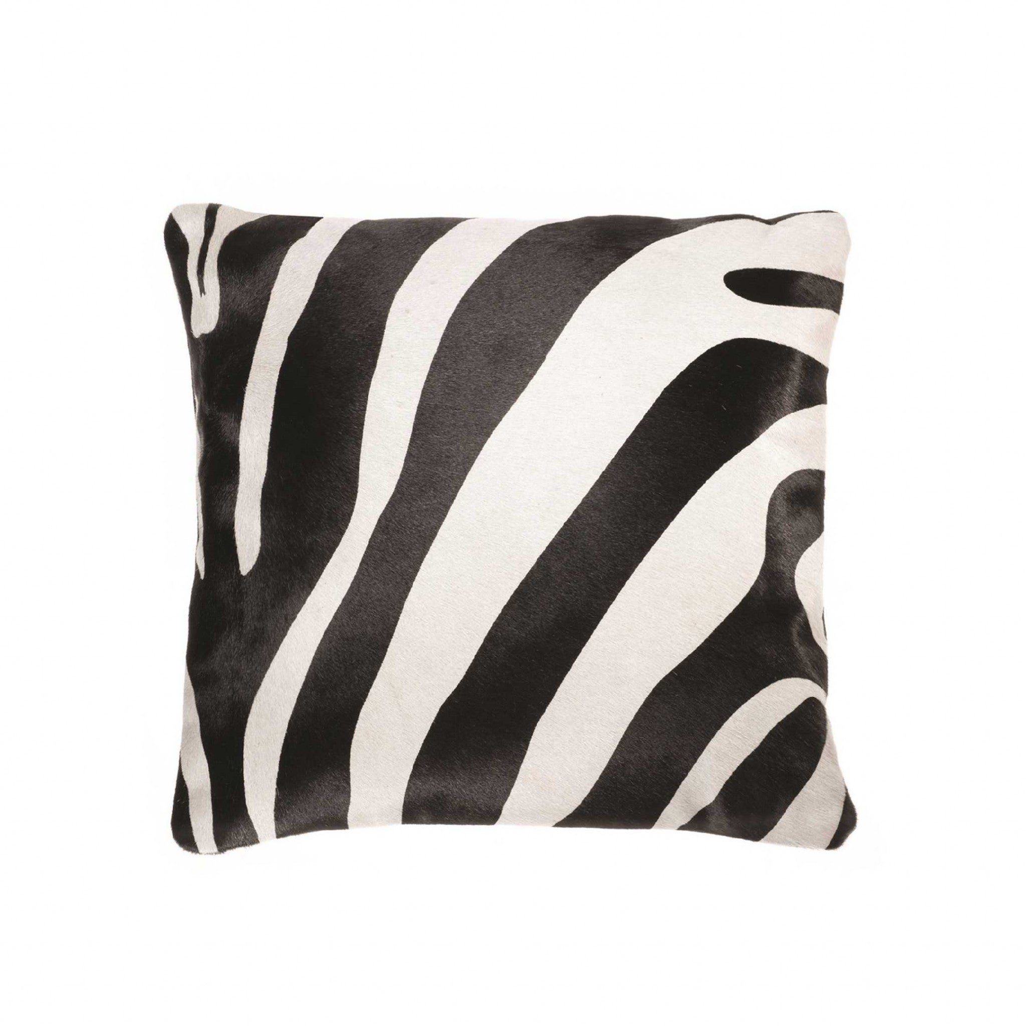 Luxurious 18x18 Zebra Black On Off White Cowhide Pillow with hidden zipper and soft microsuede backing, showcasing unique mottling.