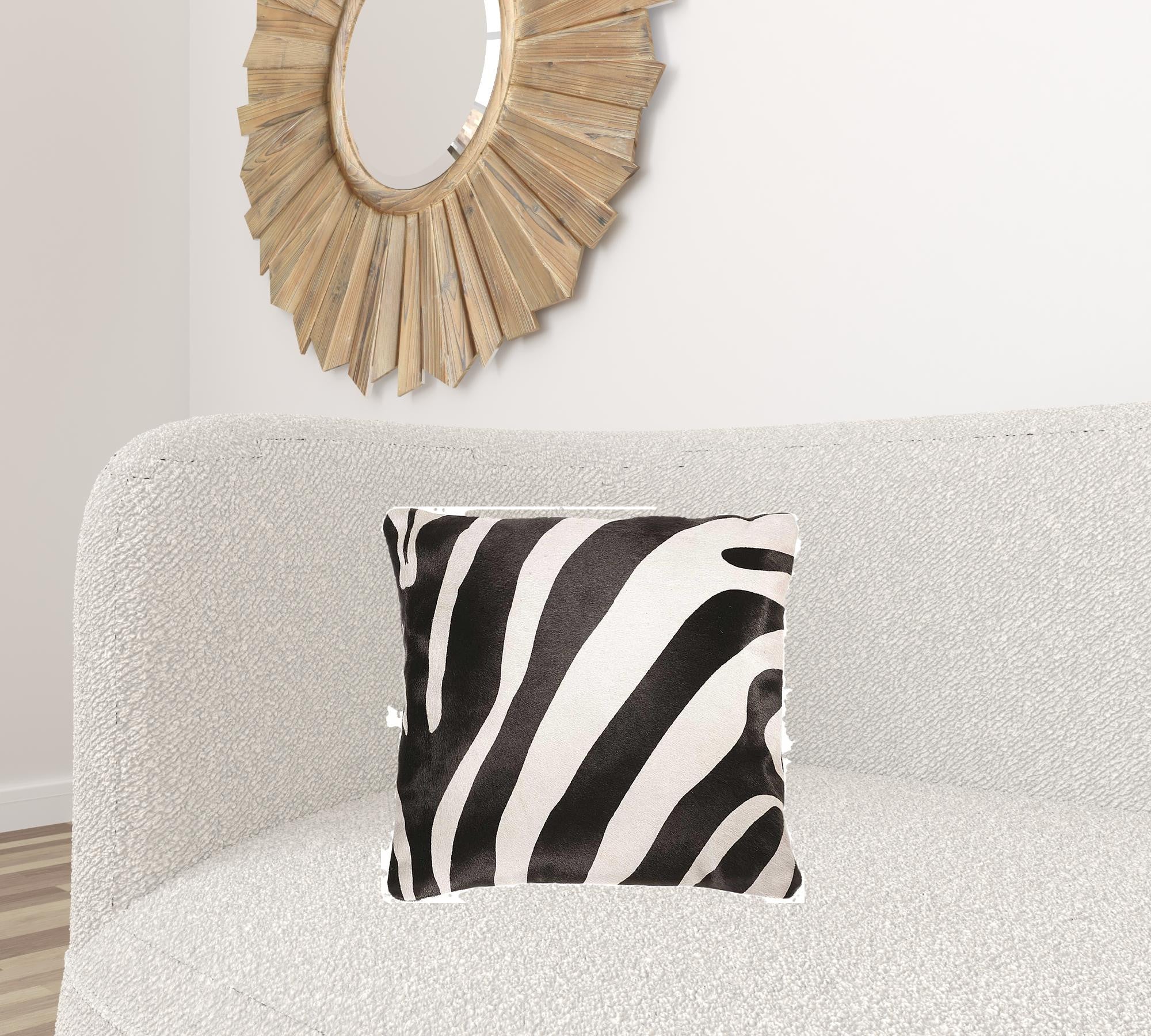 Luxurious 18x18 Zebra Black On Off White Cowhide Pillow with hidden zipper and soft microsuede backing, showcasing unique mottling.
