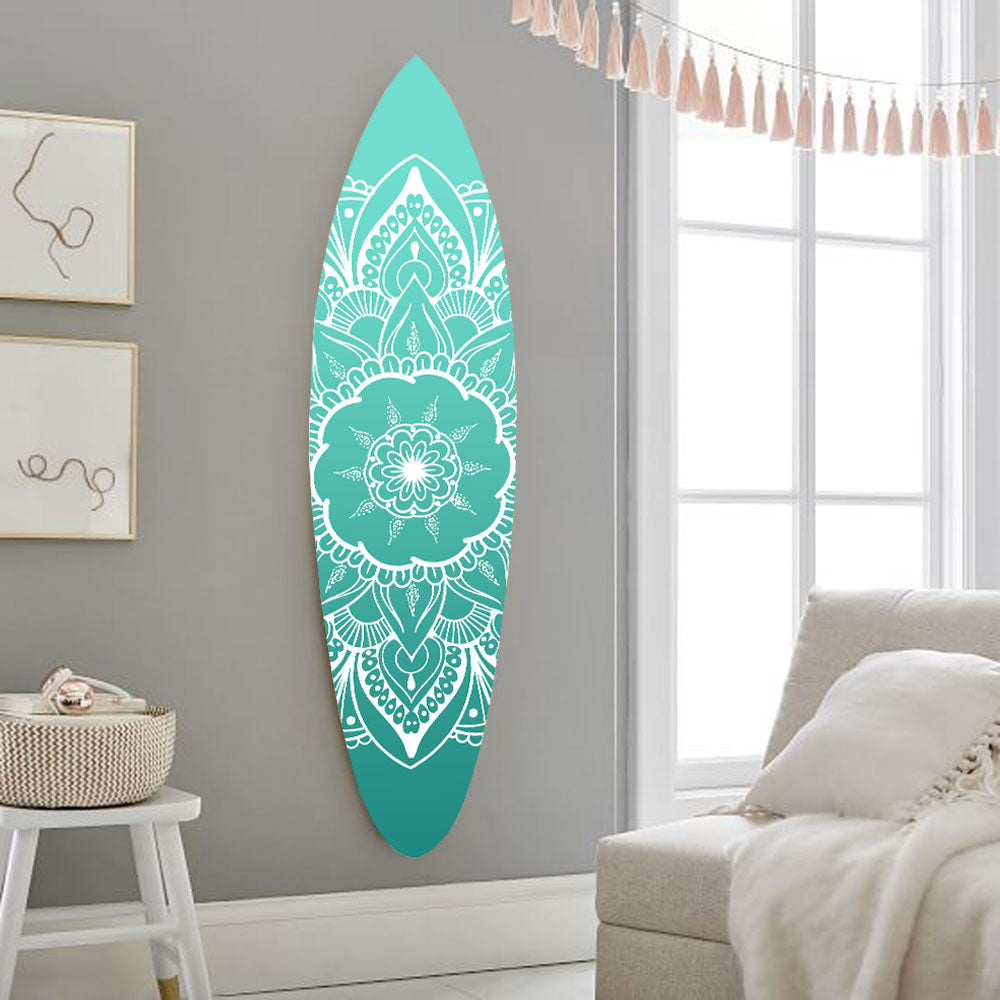 Vibrant blue wood surfboard wall art, 18x1x76 inches, featuring serene ocean design, perfect for contemporary decor.