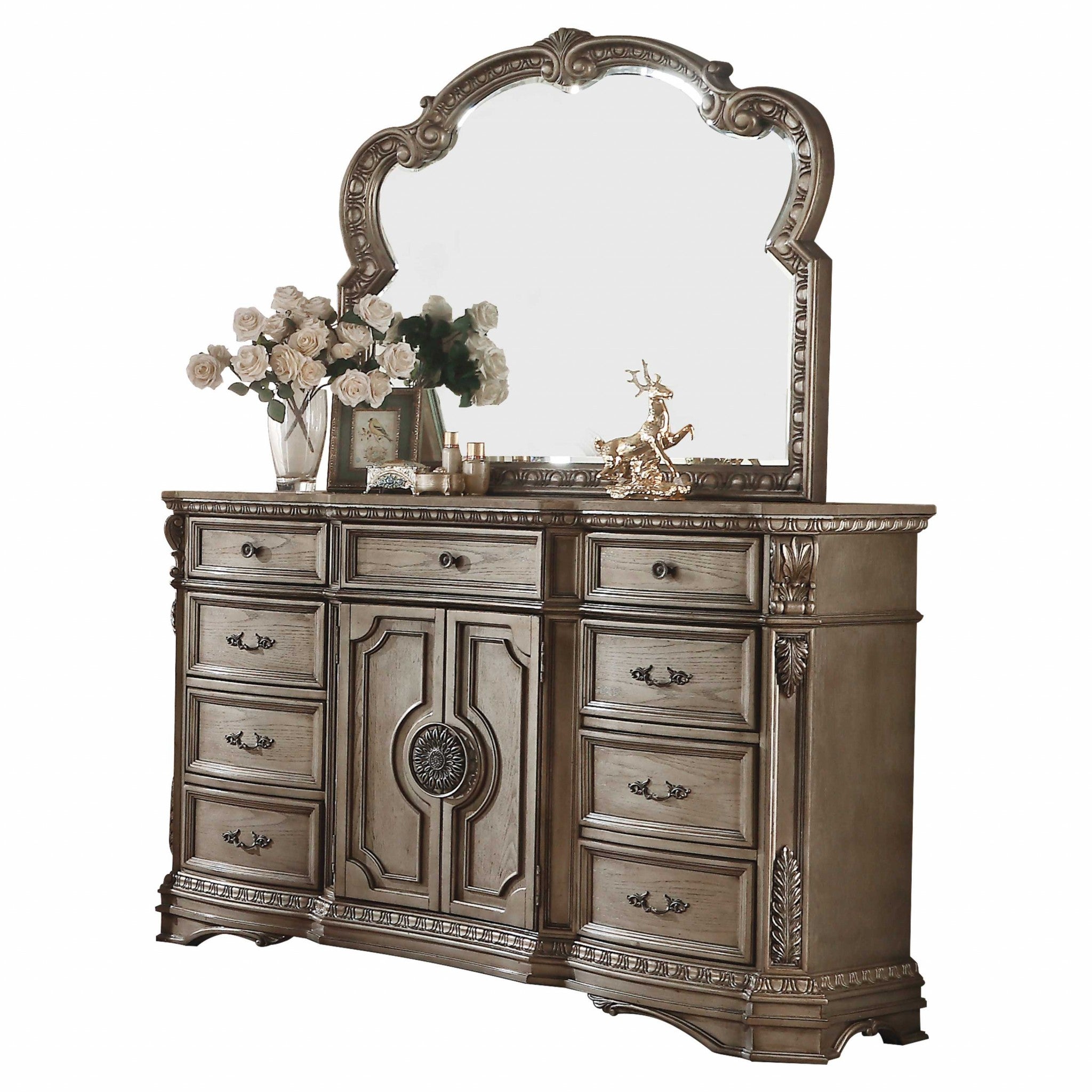 Antique Champagne Wood Poly Resin Dresser showcasing traditional design with spacious drawers and elegant finish.