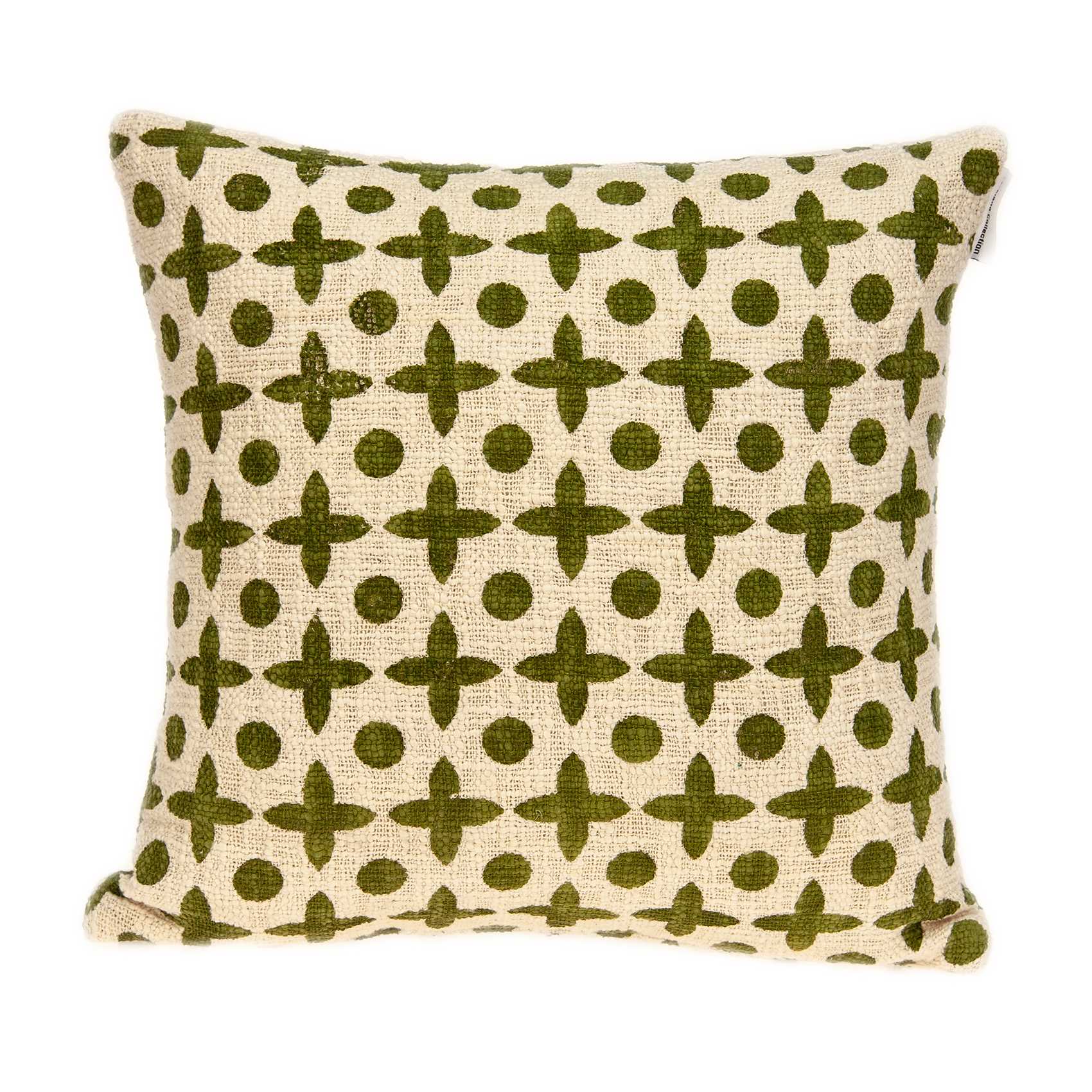 Transitional beige printed pillow cover measuring 18x7x18 inches, featuring a soft cotton texture and geometric pattern.