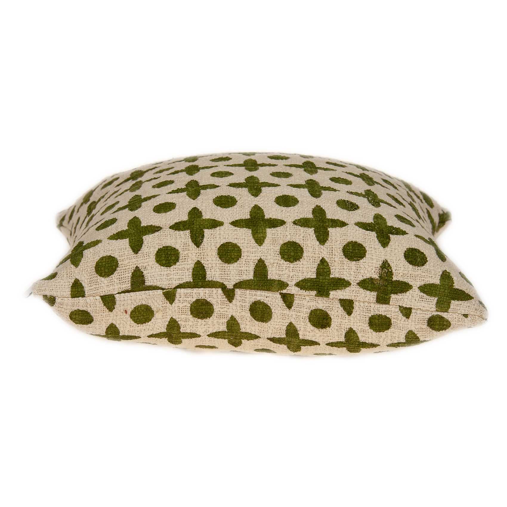 Transitional beige printed pillow cover measuring 18x7x18 inches, featuring a soft cotton texture and geometric pattern.