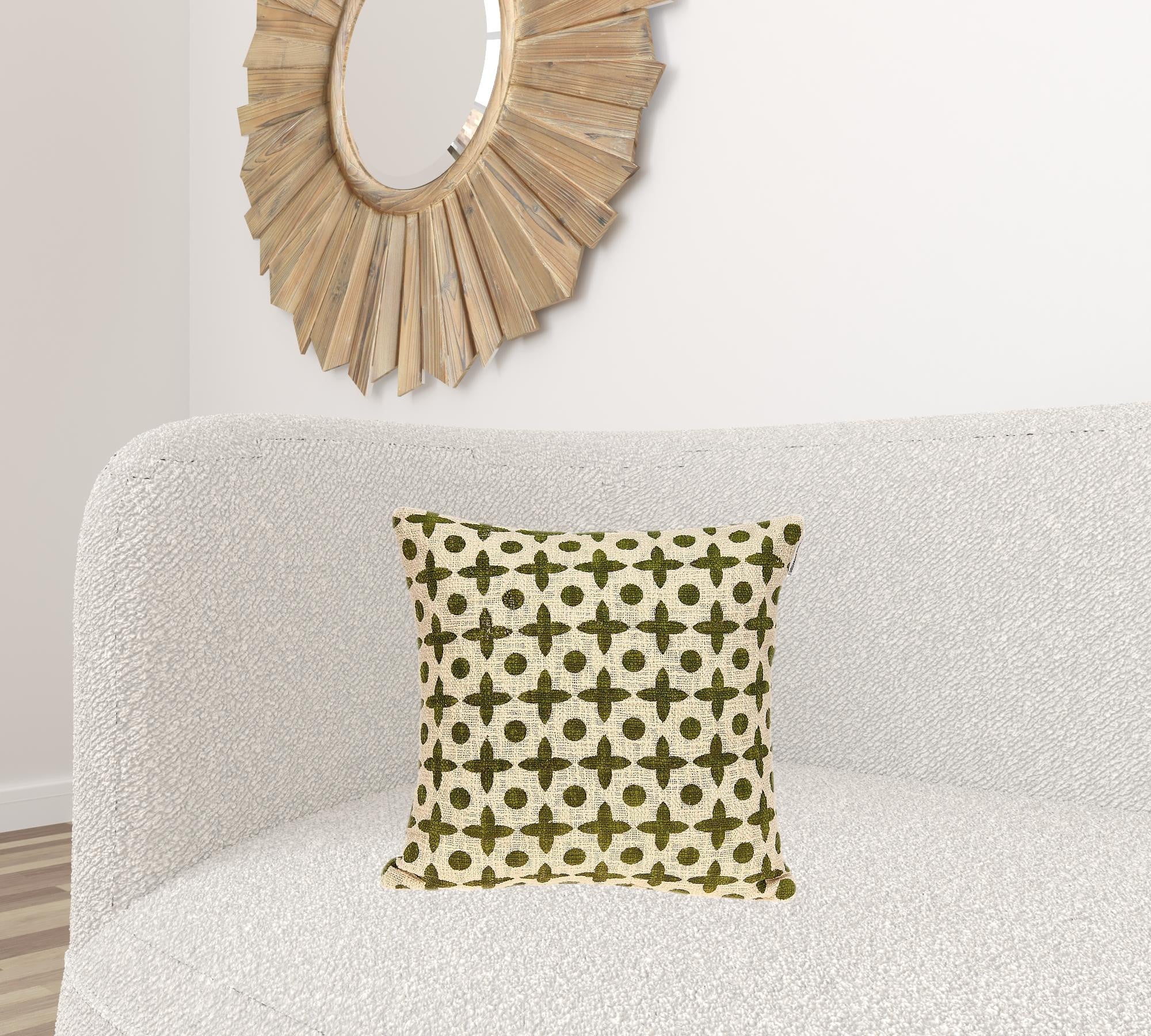 Transitional beige printed pillow cover measuring 18x7x18 inches, featuring a soft cotton texture and geometric pattern.