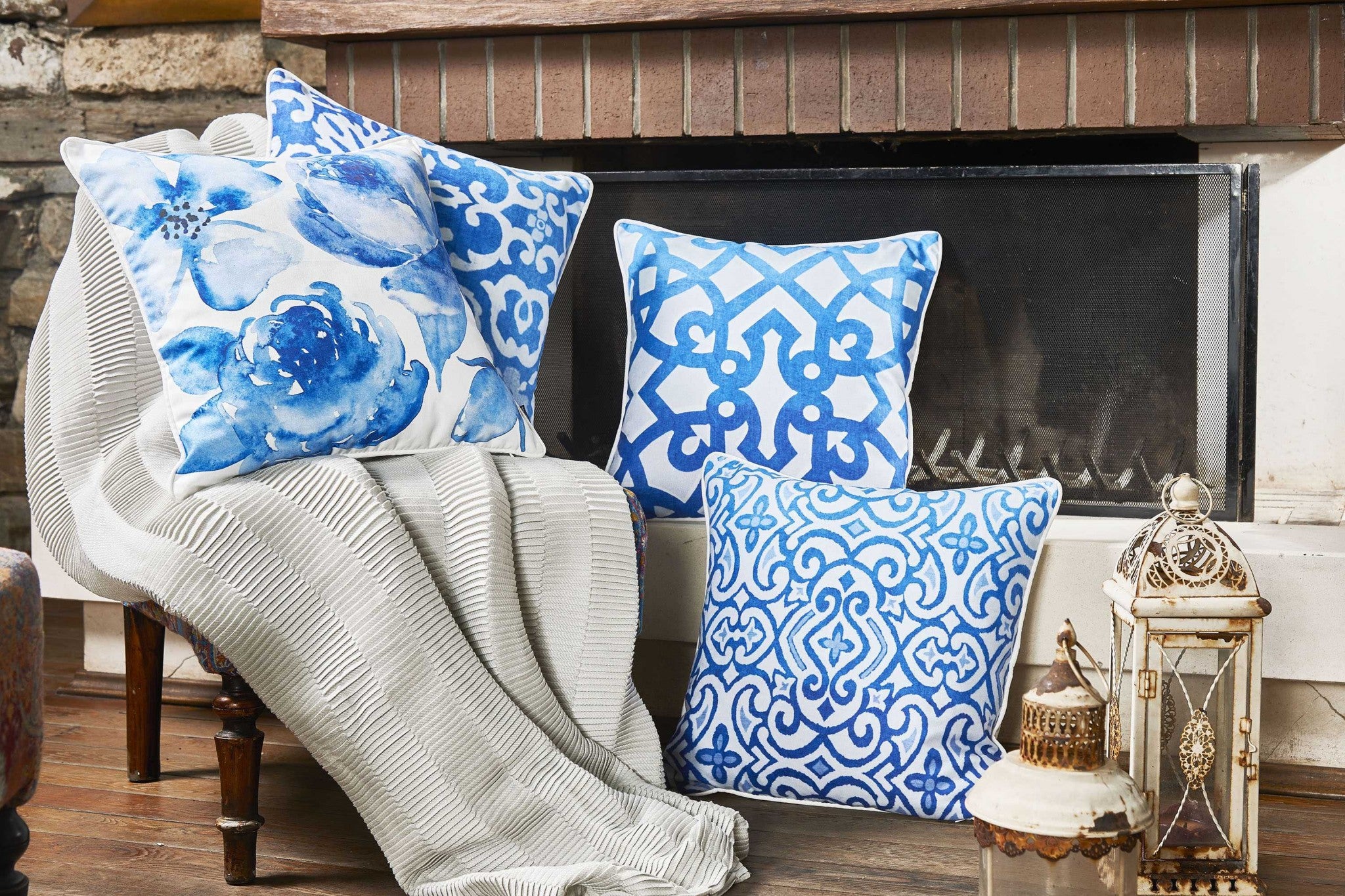 Blue Sky Scroll Decorative Throw Pillow Cover featuring vibrant patterns and a hidden zipper closure, perfect for home decor.