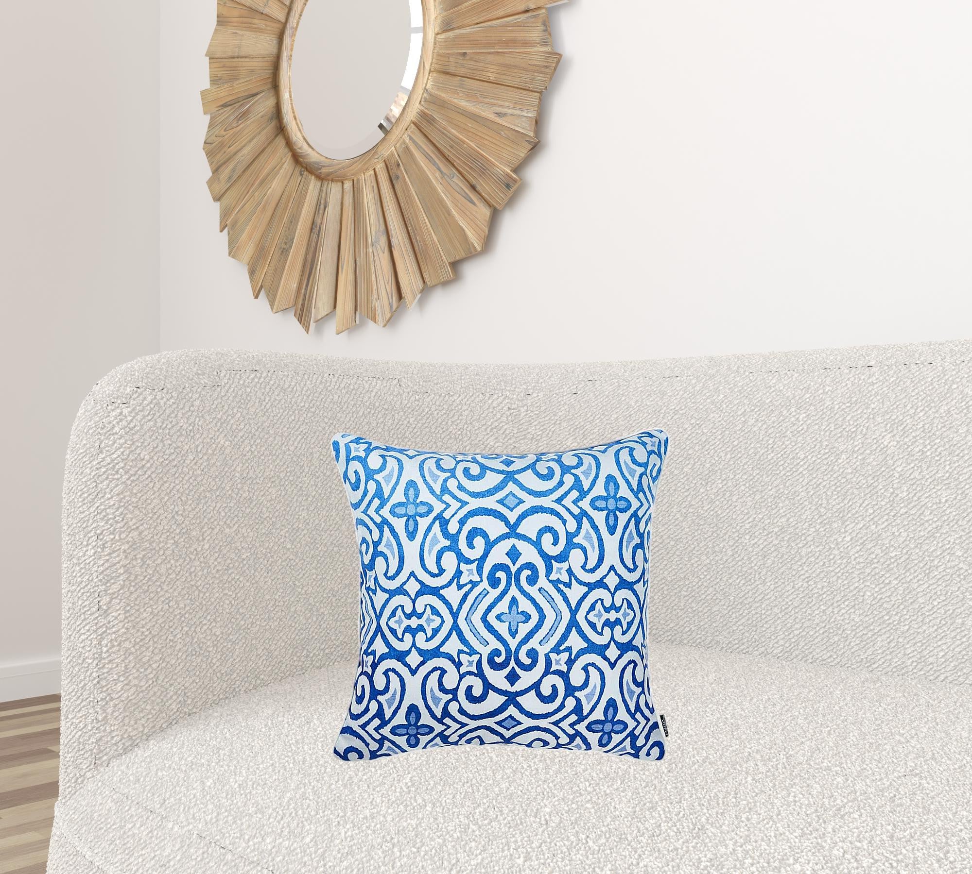 Blue Sky Scroll Decorative Throw Pillow Cover featuring vibrant patterns and a hidden zipper closure, perfect for home decor.