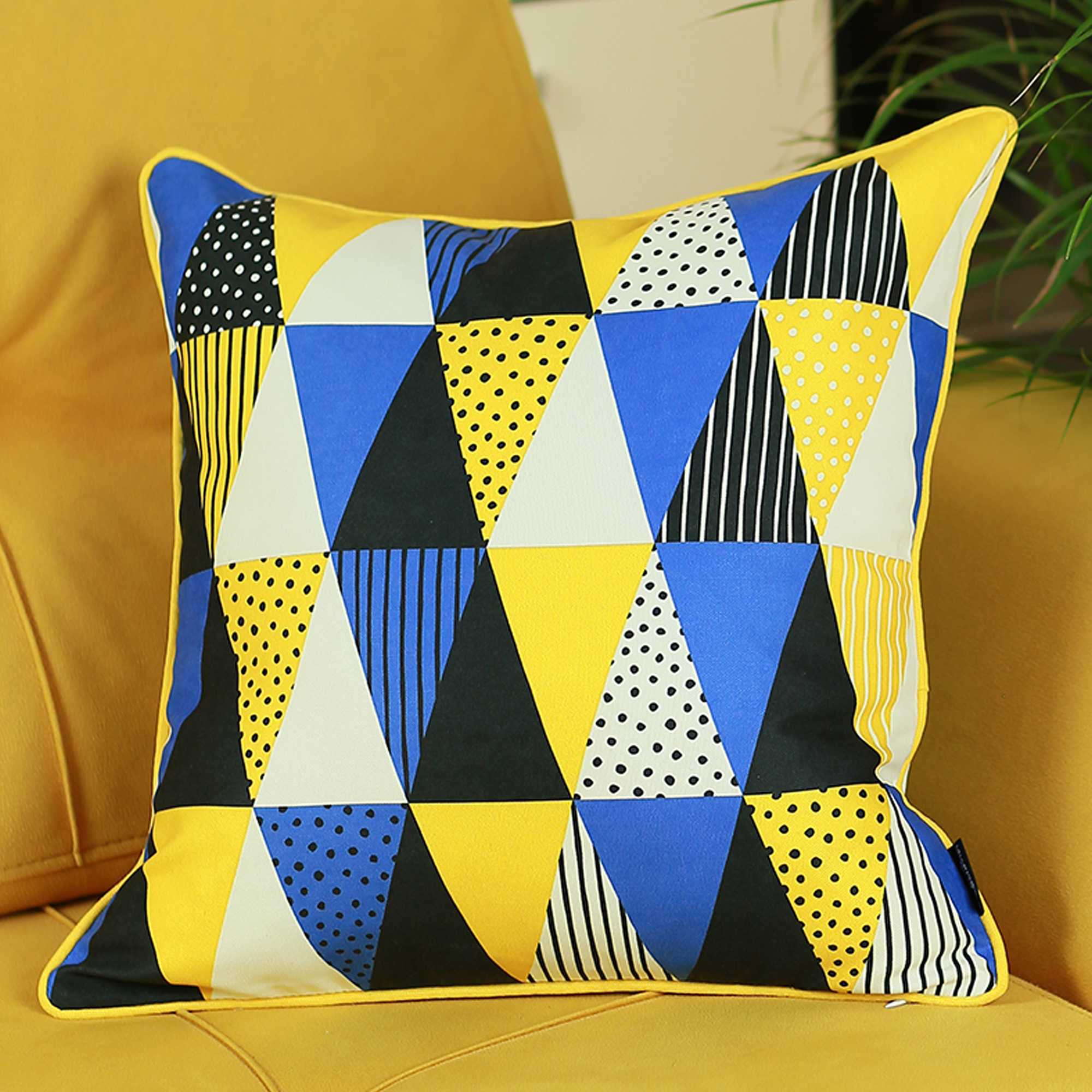 18x18 inches Memphis Printed Decorative Throw Pillow Cover with vibrant patterns and yellow piping, showcasing a luxurious brushed fabric.