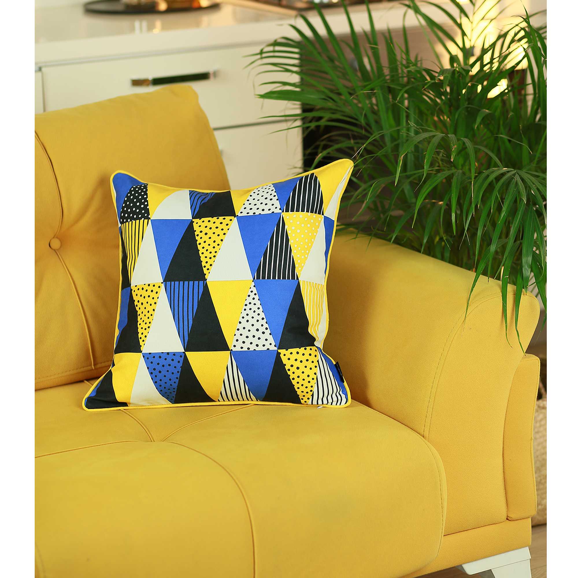 18x18 inches Memphis Printed Decorative Throw Pillow Cover with vibrant patterns and yellow piping, showcasing a luxurious brushed fabric.