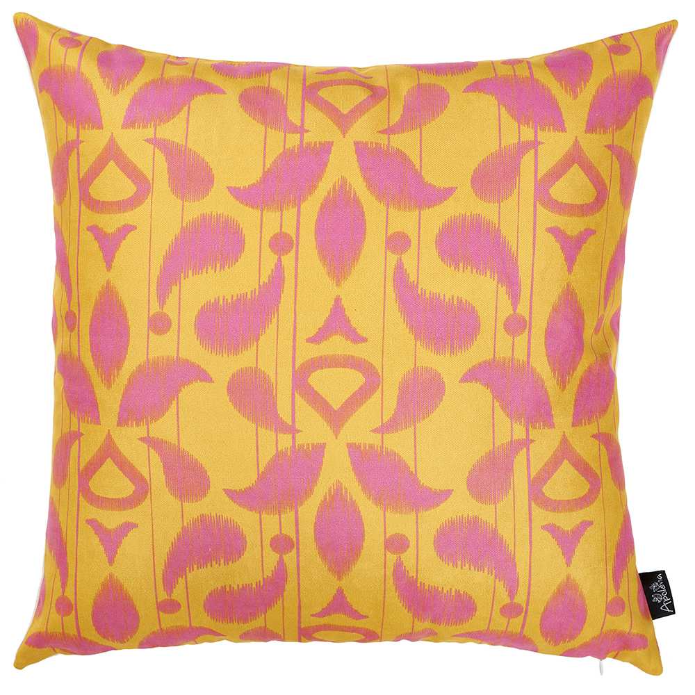 18x18 inches Orange Ikat Decorative Throw Pillow Cover with vibrant patterns and hidden zipper closure, made from soft brushed polyester fabric.