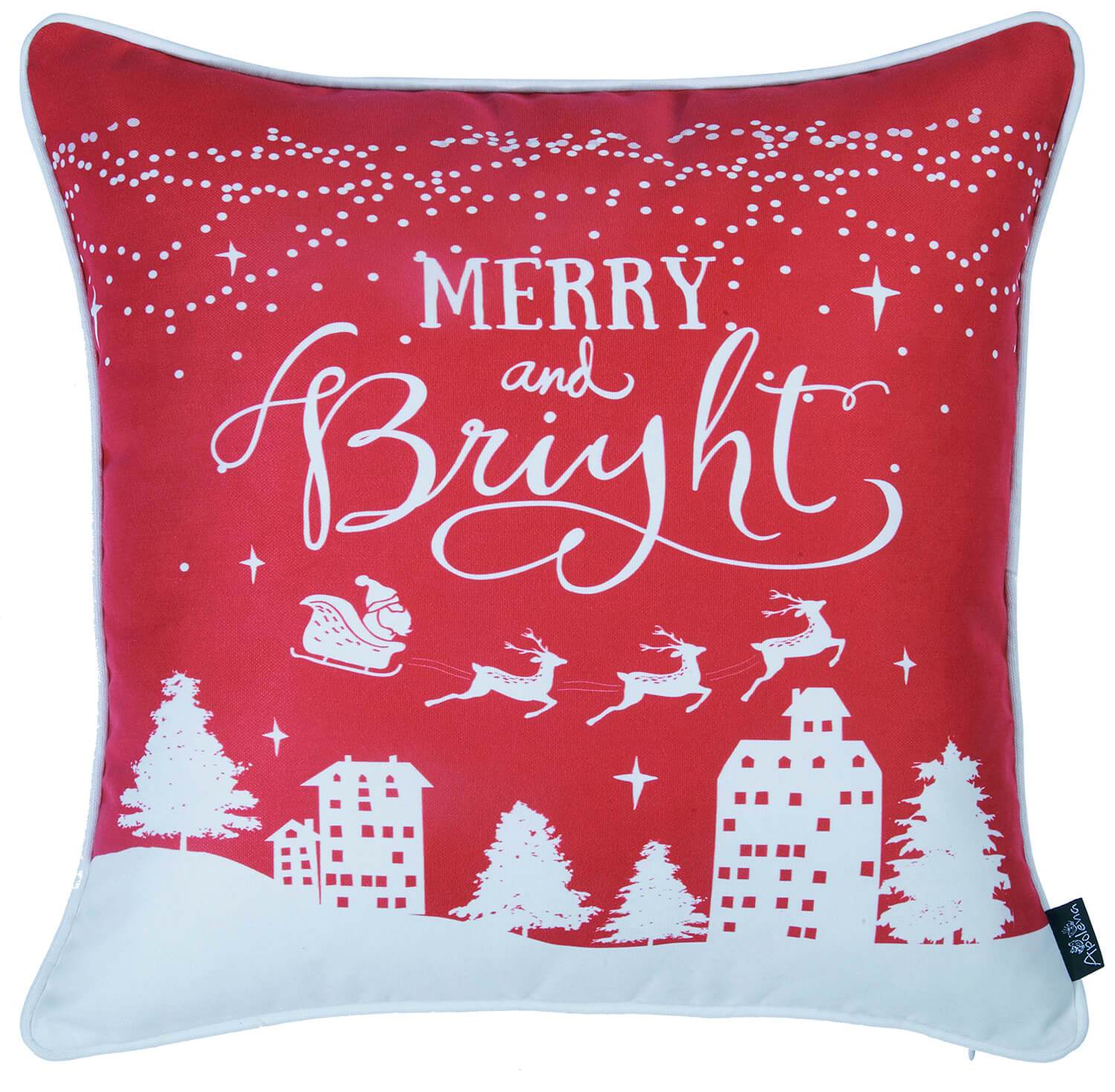 18x18 red printed Christmas decorative throw pillow cover with hidden zipper and white piping, showcasing vibrant festive patterns.
