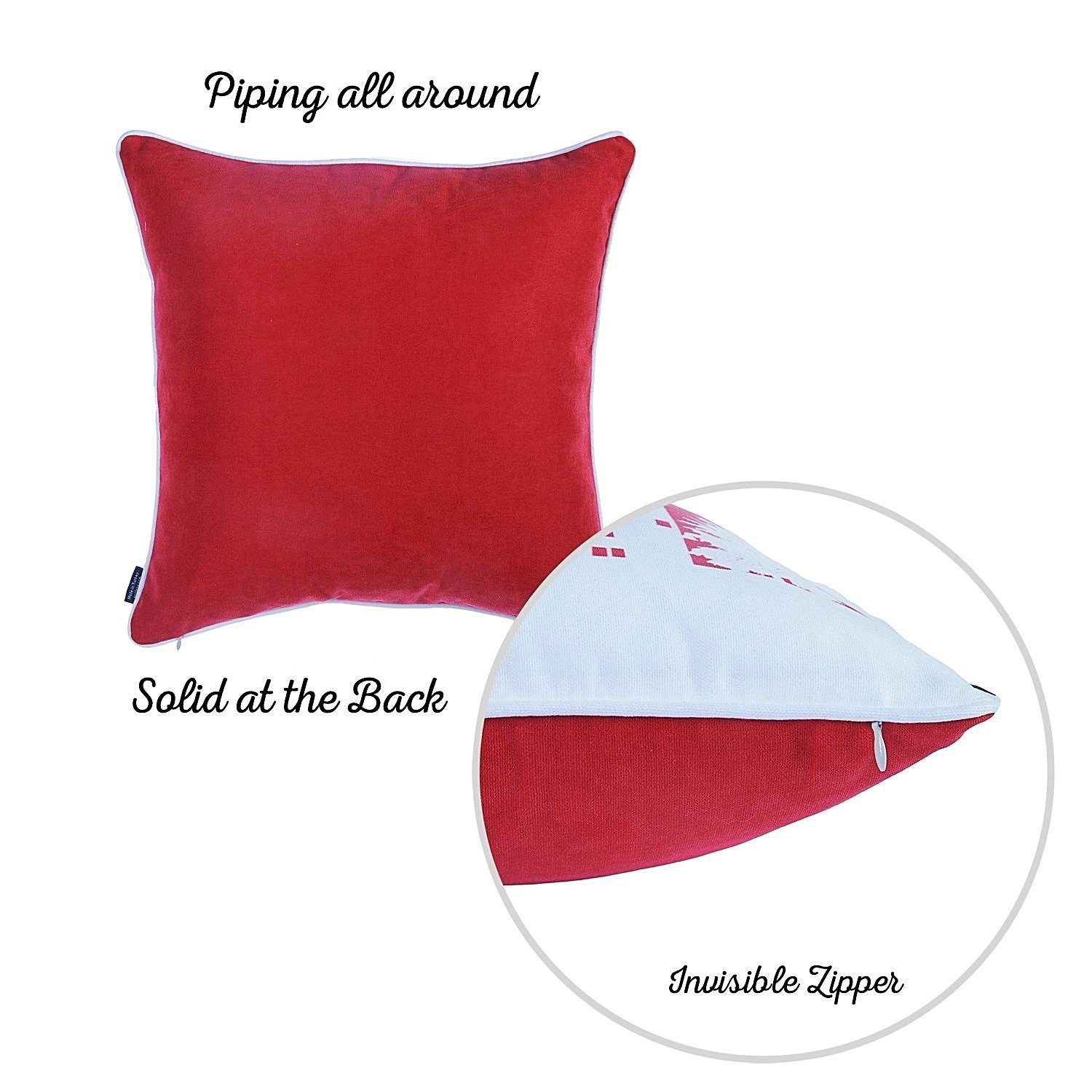 18x18 red printed Christmas decorative throw pillow cover with hidden zipper and white piping, showcasing vibrant festive patterns.