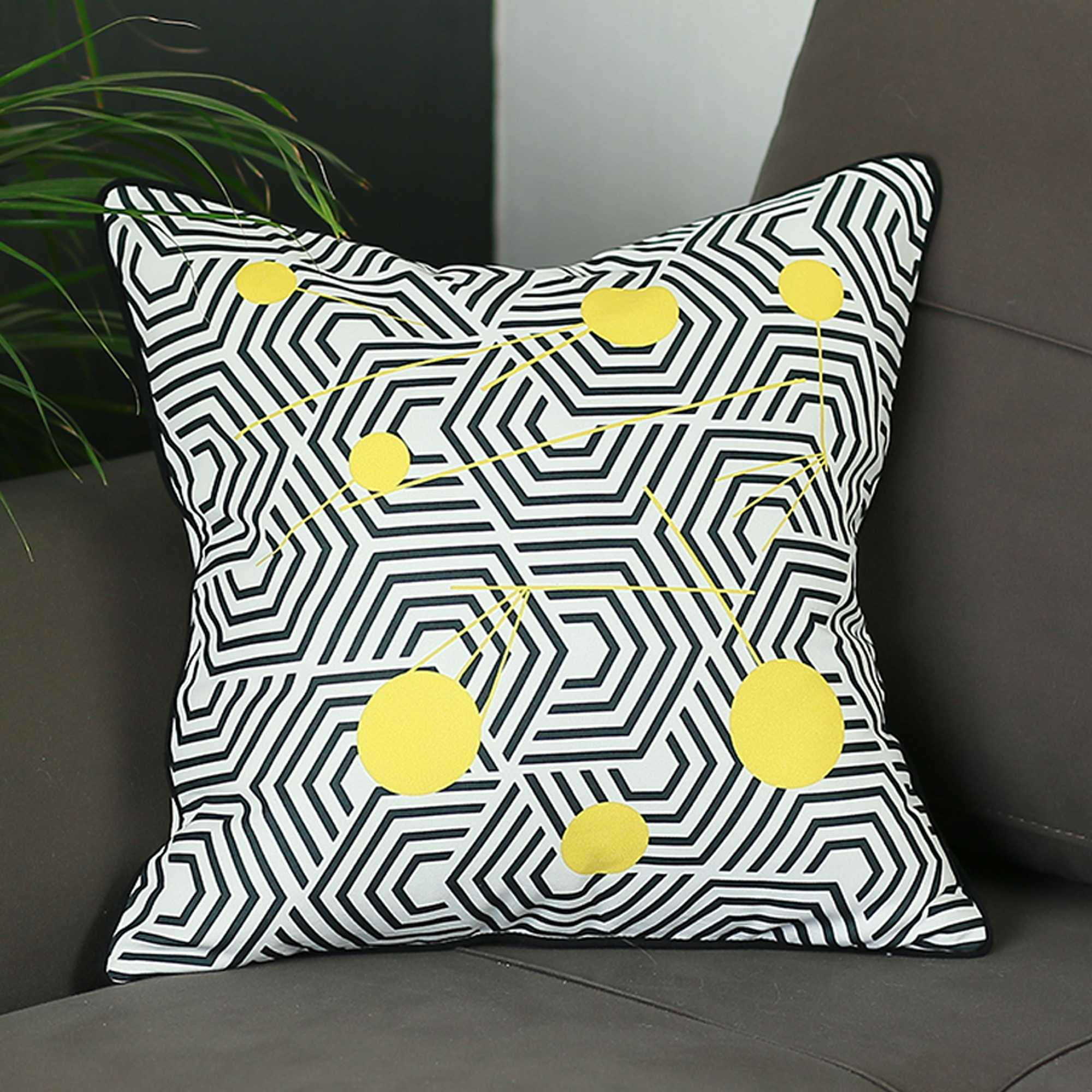 18x18 Scandi Square Geo Printed Decorative Throw Pillow with colorful patterns and black piping, showcasing a luxurious brushed fabric.