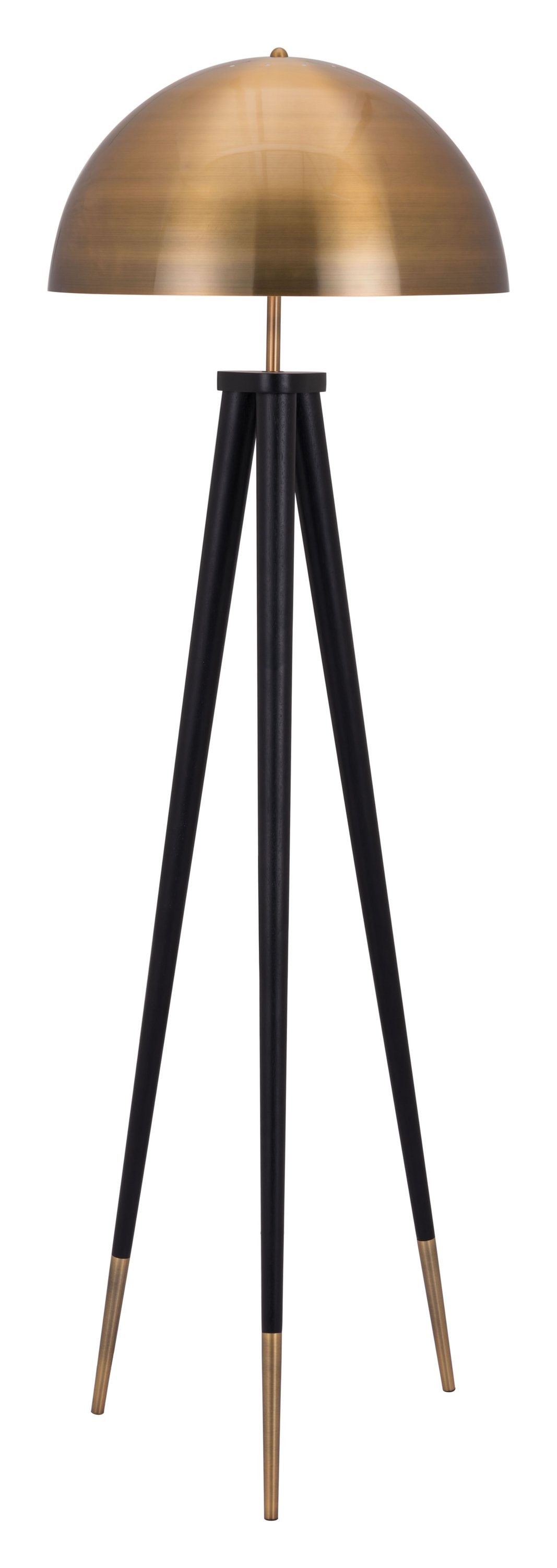 A stylish brass and black floor lamp with a mid-century modern dome shade and a sturdy tripod base, perfect for illuminating living spaces.