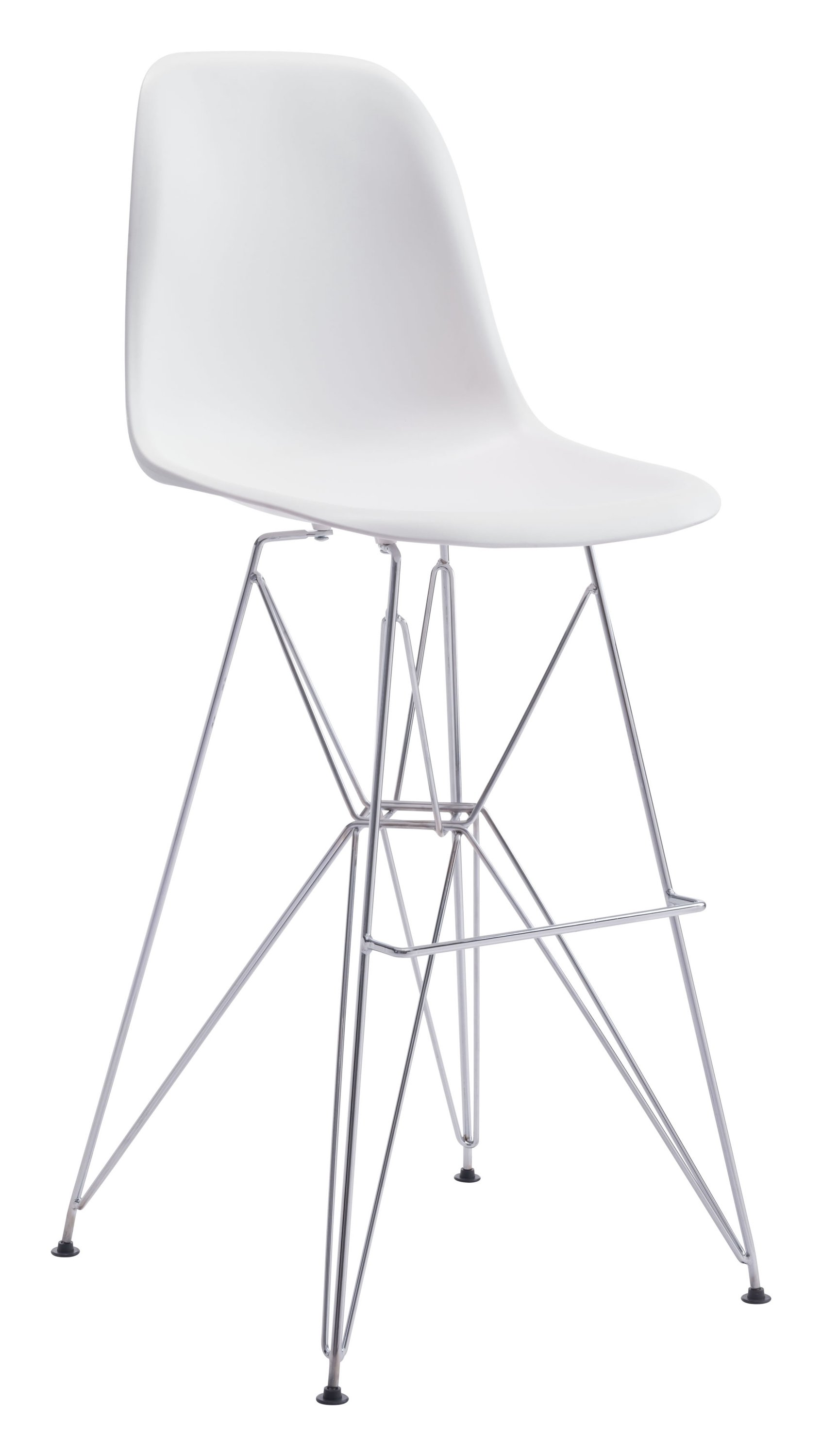 Stylish white bar chair with molded ABS plastic seat and chromed steel base, perfect for modern interiors.