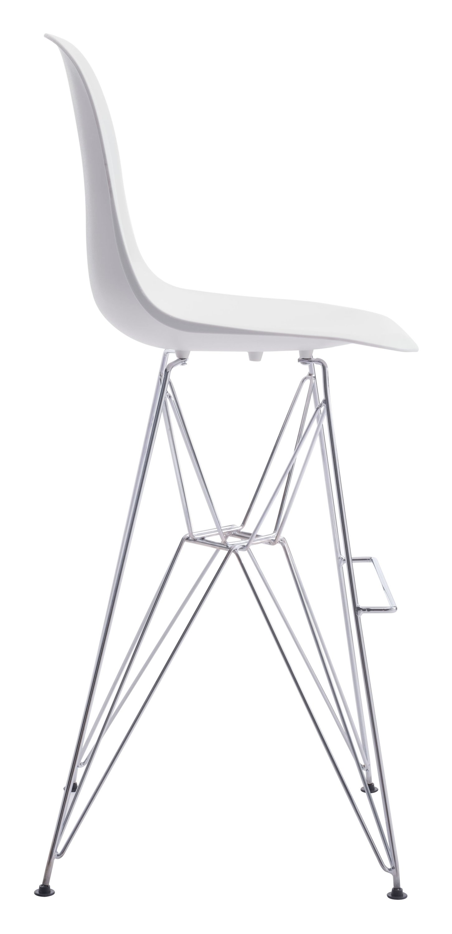 Stylish white bar chair with molded ABS plastic seat and chromed steel base, perfect for modern interiors.