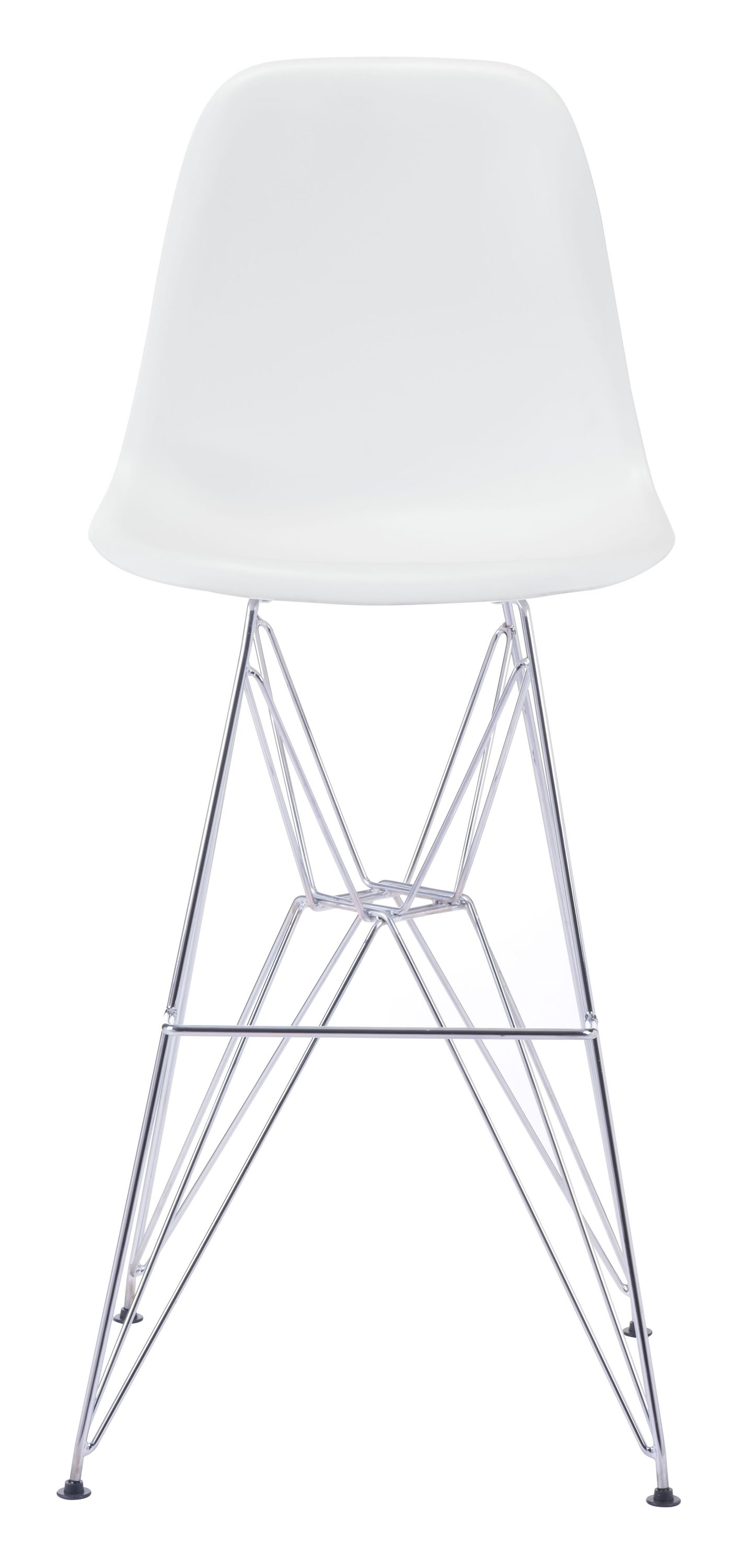Stylish white bar chair with molded ABS plastic seat and chromed steel base, perfect for modern interiors.