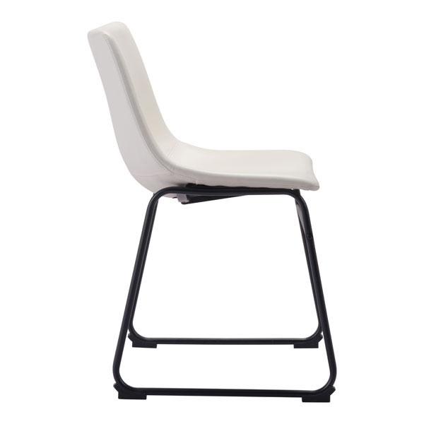 Two stylish Distressed White Smart Dining Chairs with plush leatherette fabric and a strong metal base, perfect for modern dining spaces.