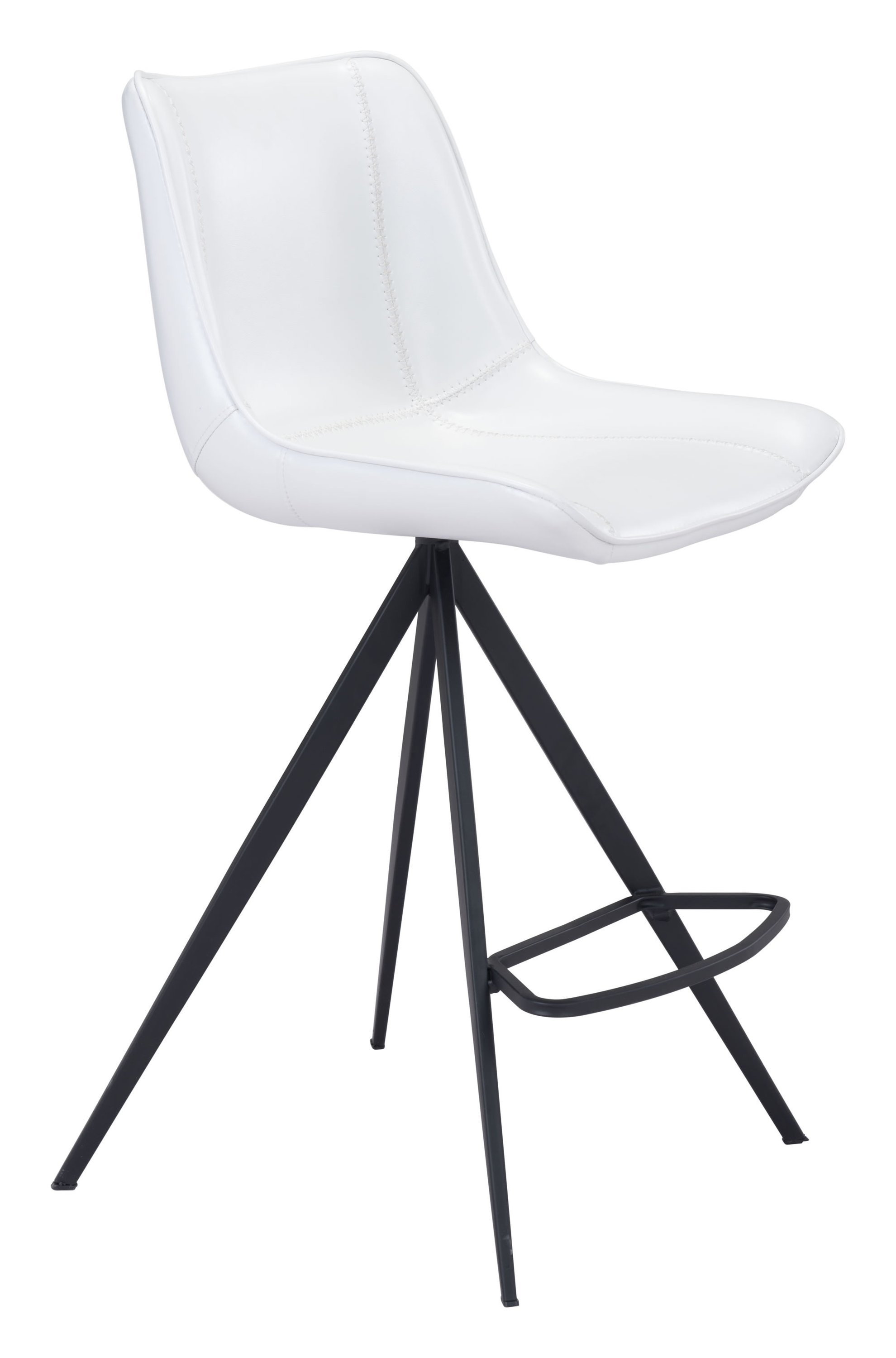 Stylish white and black counter chair with leatherette upholstery and stainless steel legs, featuring a scooped seat and protective plastic feet.