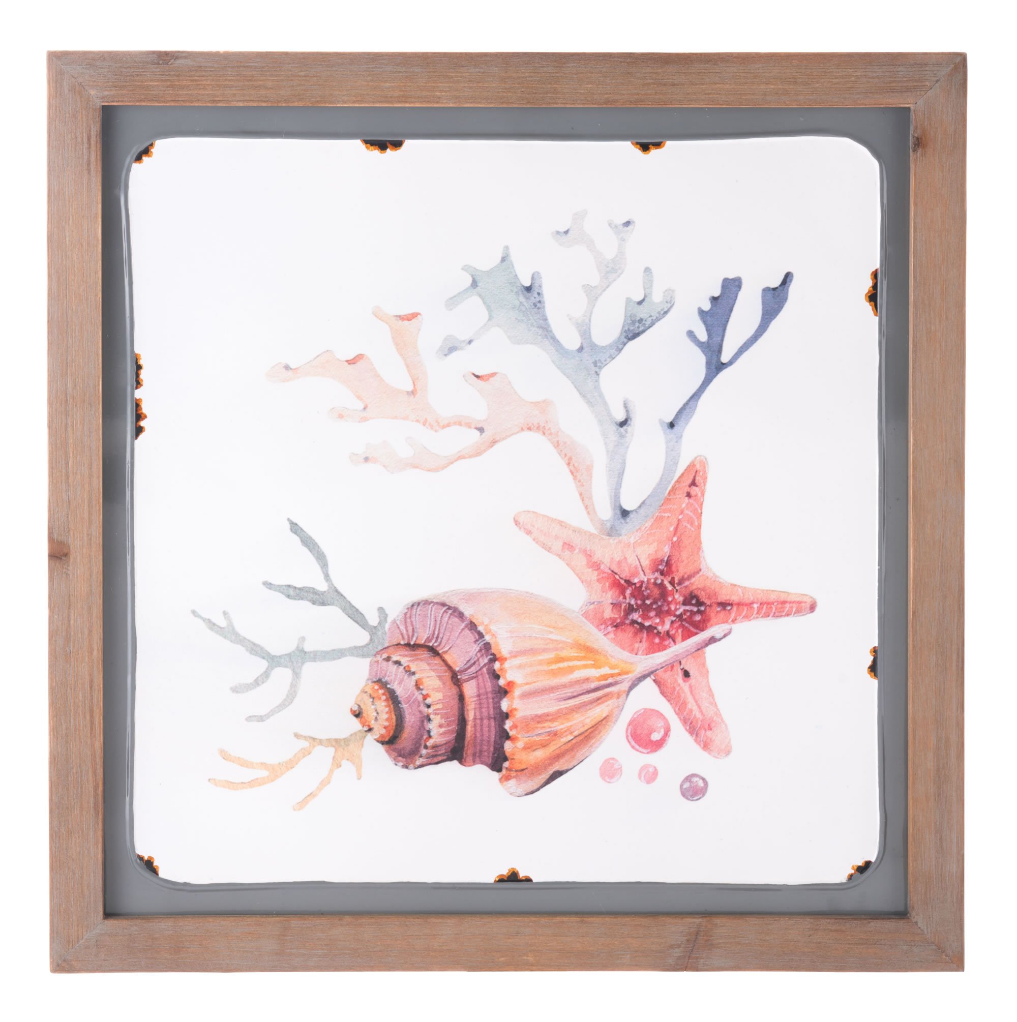 Multicolor wall art framed in fir wood with a natural steel band accent, perfect for coastal home decor.