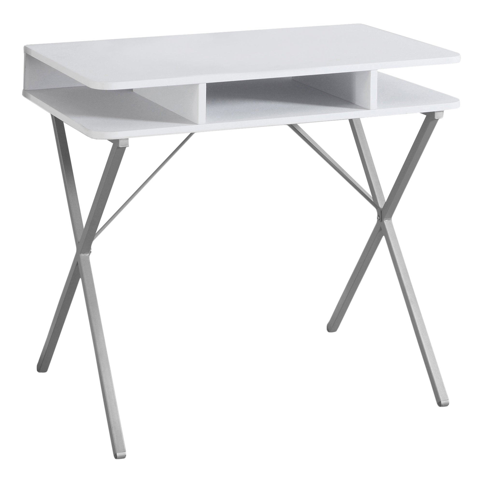 A stylish white silver metal computer desk featuring three horizontal shelves, perfect for modern office spaces.