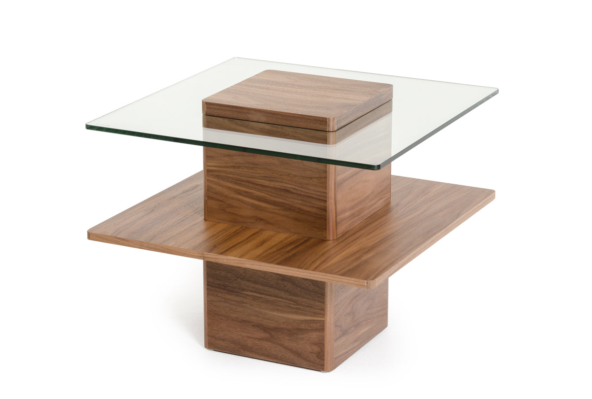 A stylish 19-inch walnut veneer and glass end table featuring a sleek design, perfect for living room decor.
