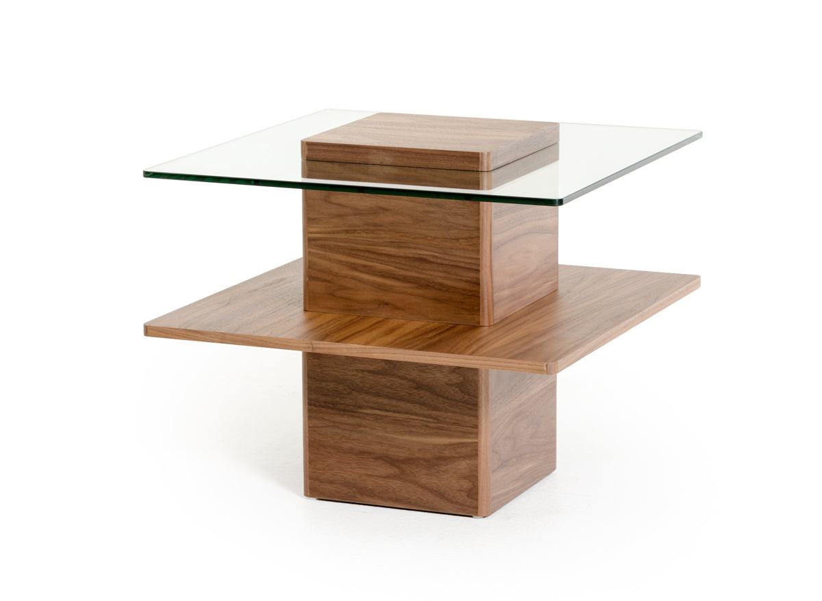 A stylish 19-inch walnut veneer and glass end table featuring a sleek design, perfect for living room decor.