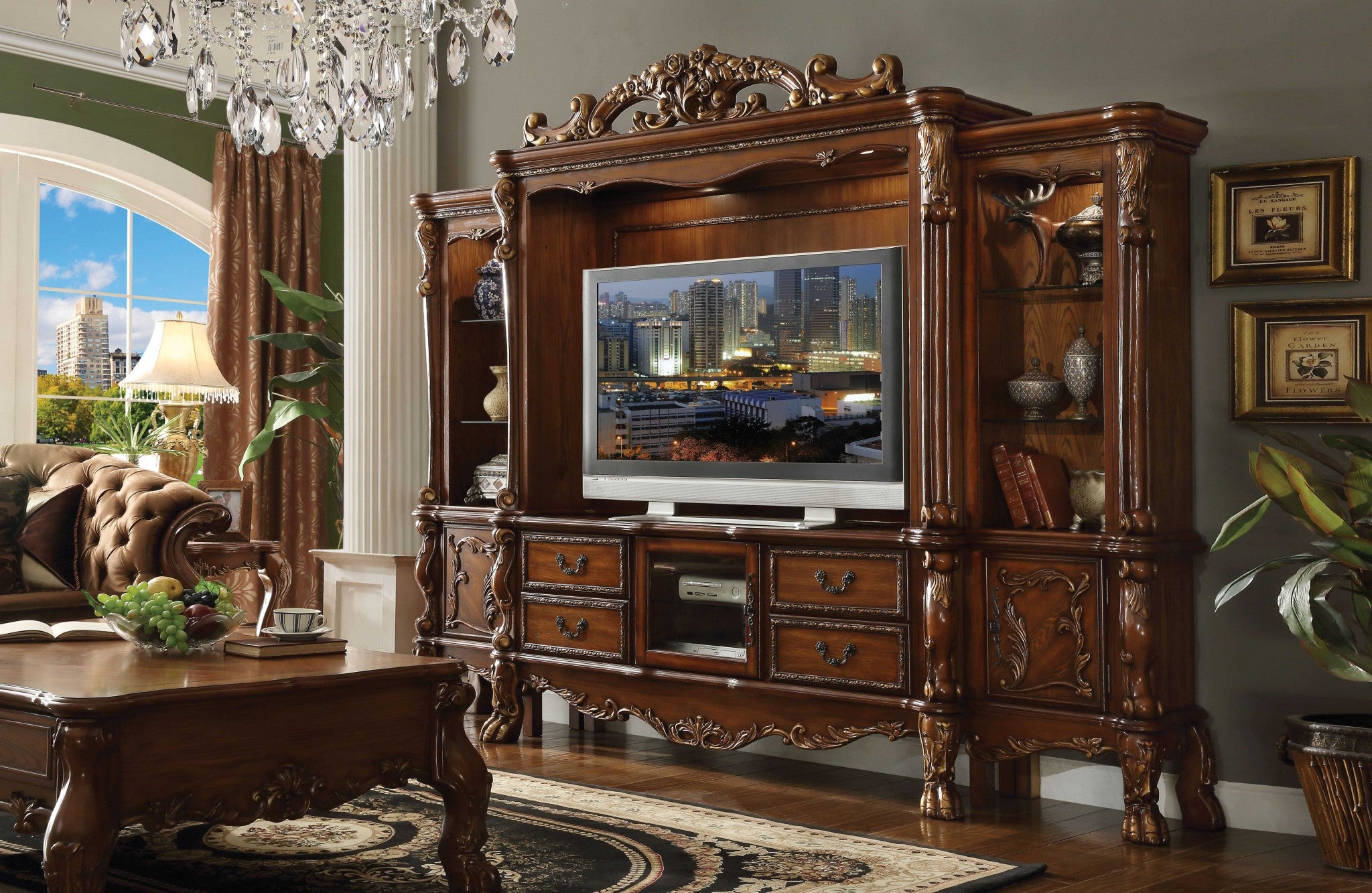 Cherry Oak Wood Poly Resin Glass Entertainment Center showcasing intricate detailing and a rich finish, perfect for storing electronics.