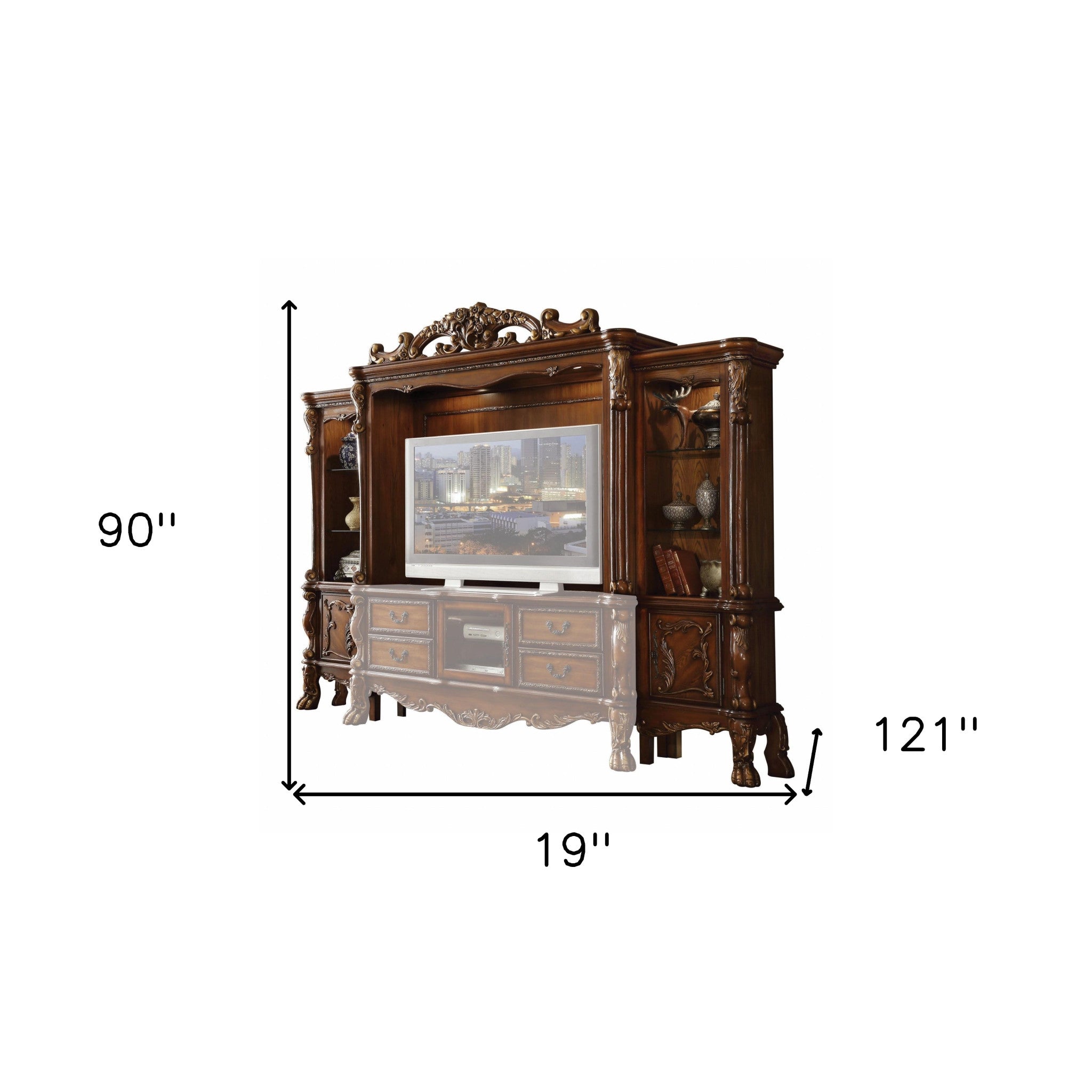 Cherry Oak Wood Poly Resin Glass Entertainment Center showcasing intricate detailing and a rich finish, perfect for storing electronics.
