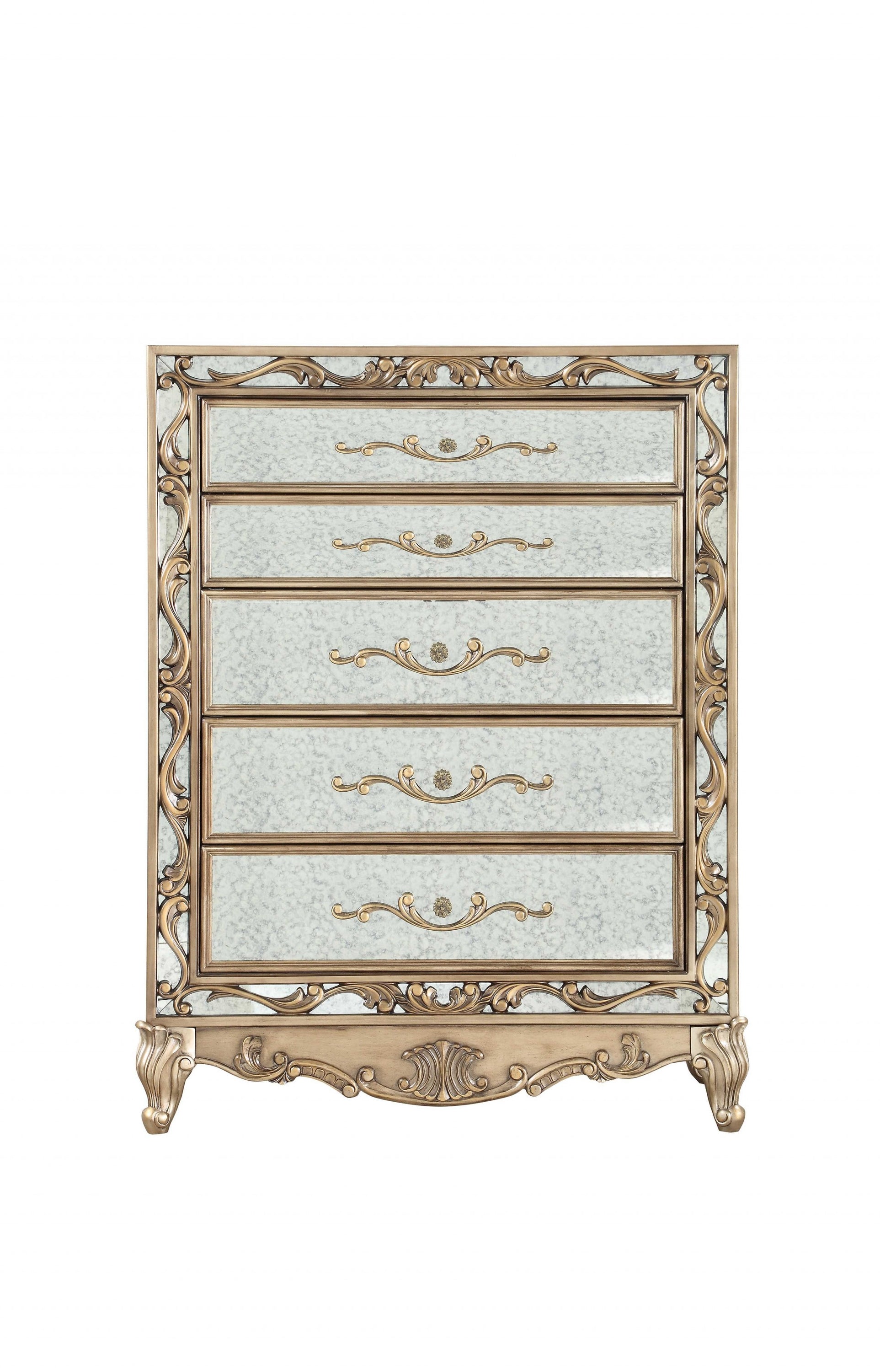 Antique Gold Wood Mirror Chest with elegant design and ample storage space, featuring a hand-applied burnish finish.