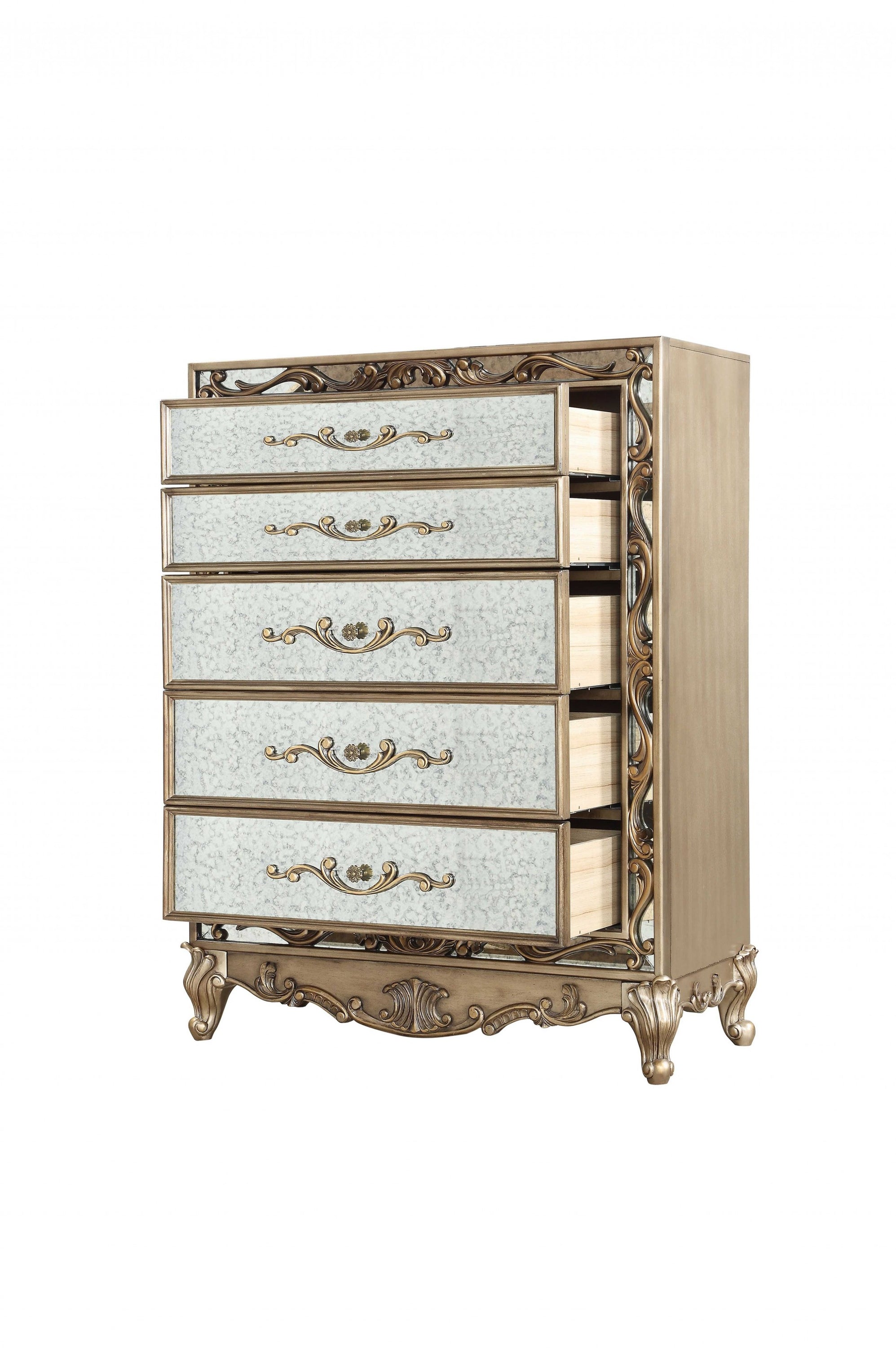 Antique Gold Wood Mirror Chest with elegant design and ample storage space, featuring a hand-applied burnish finish.