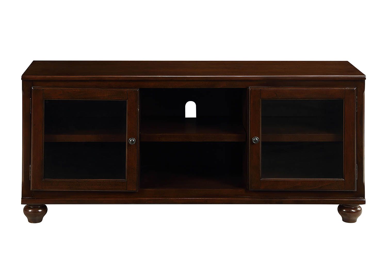 Elegant walnut wood glass TV stand with two glass doors and media compartments, perfect for modern living rooms.