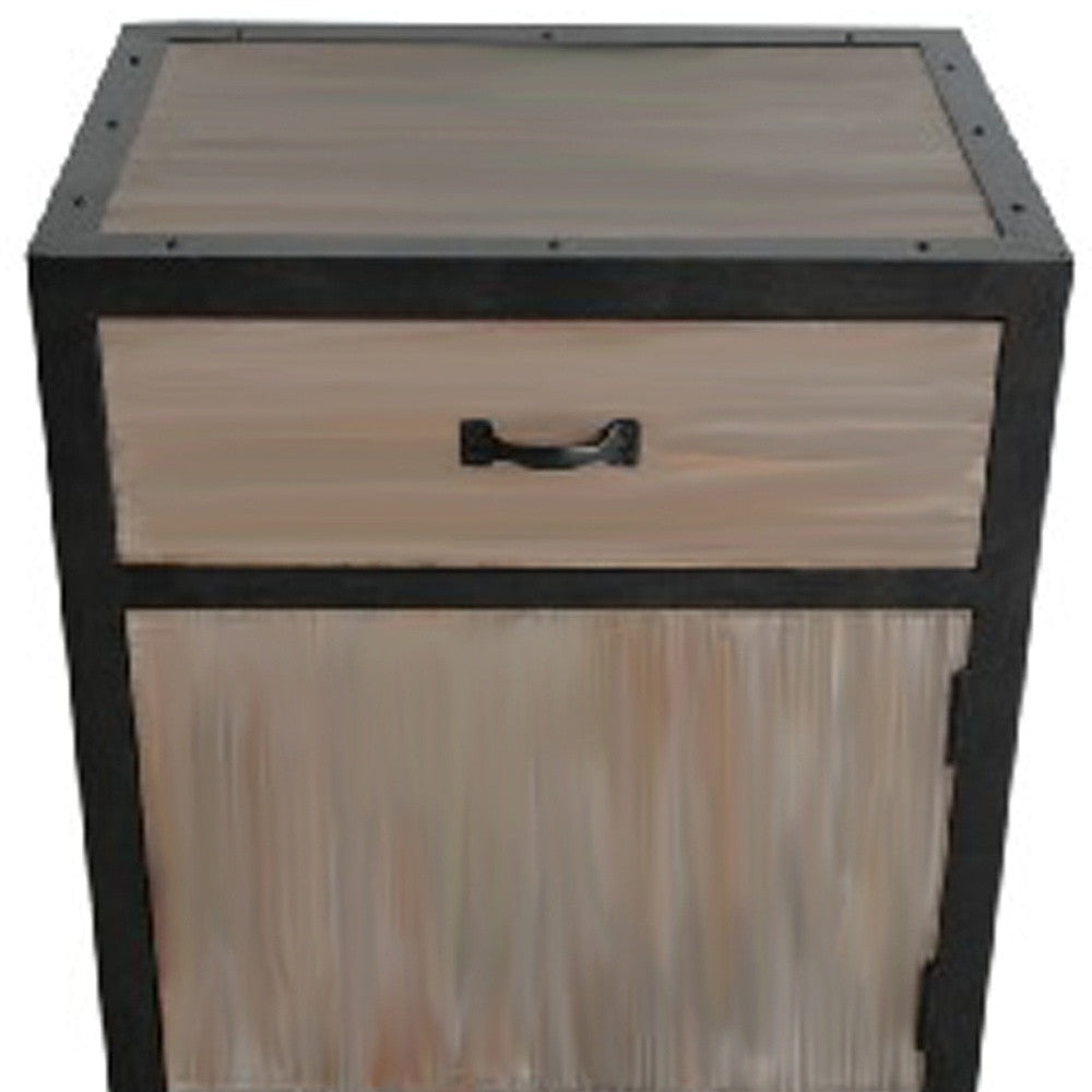 A stylish brown wood end table with a drawer and storage cubby, perfect for living room use.