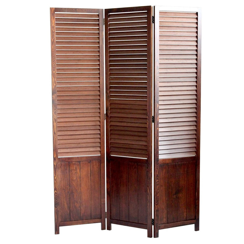 Elegant 3-panel brown wood screen with carboined bamboo shutters and espresso finish, perfect for indoor and outdoor use.