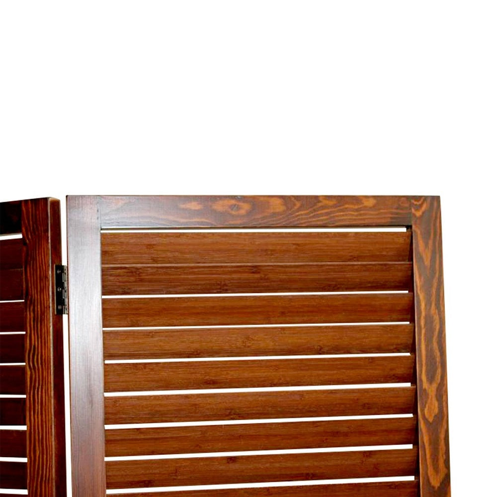 Elegant 3-panel brown wood screen with carboined bamboo shutters and espresso finish, perfect for indoor and outdoor use.
