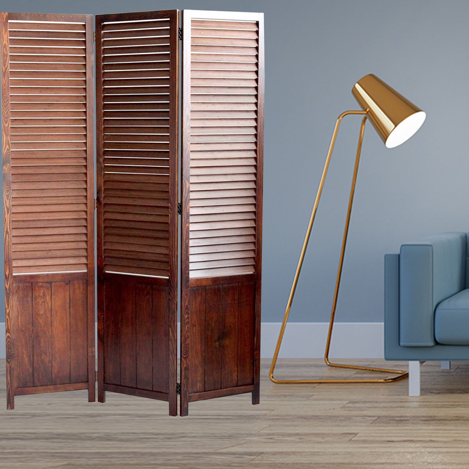 Elegant 3-panel brown wood screen with carboined bamboo shutters and espresso finish, perfect for indoor and outdoor use.