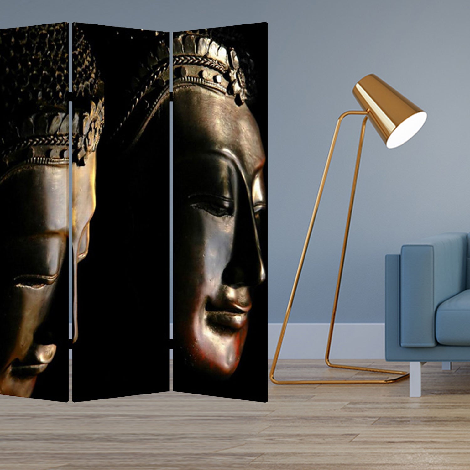 A vibrant 3-panel screen featuring multi-color Buddha designs on canvas, perfect for room division and decoration.