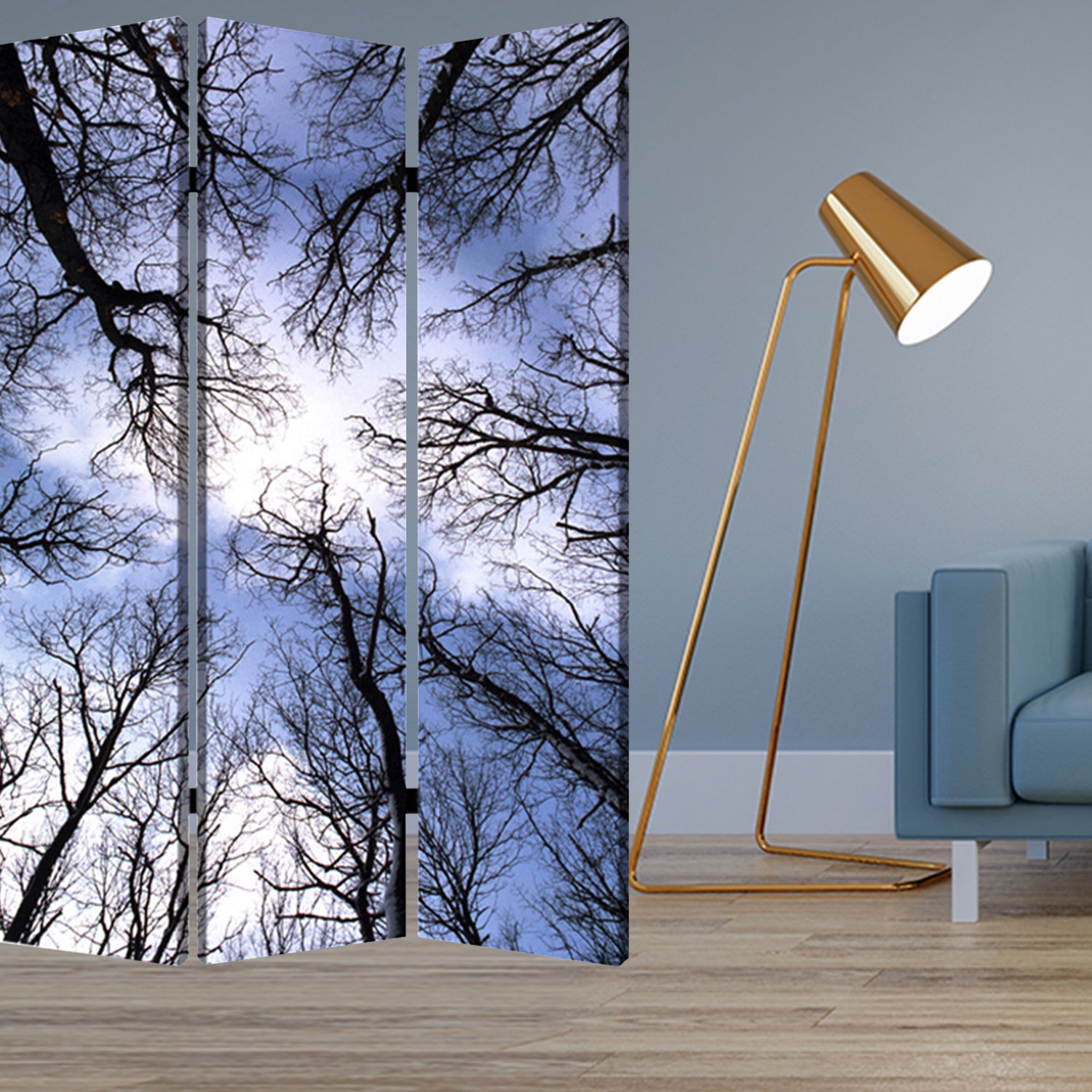 A vibrant three-panel screen featuring colorful forest canvas prints, designed to enhance room decor and provide privacy.