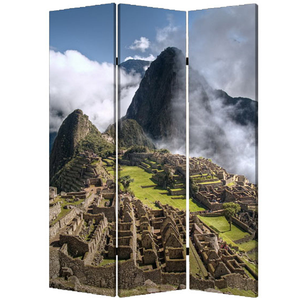 A vibrant three-panel screen featuring colorful Machu Picchu canvas prints, designed to enhance home decor.
