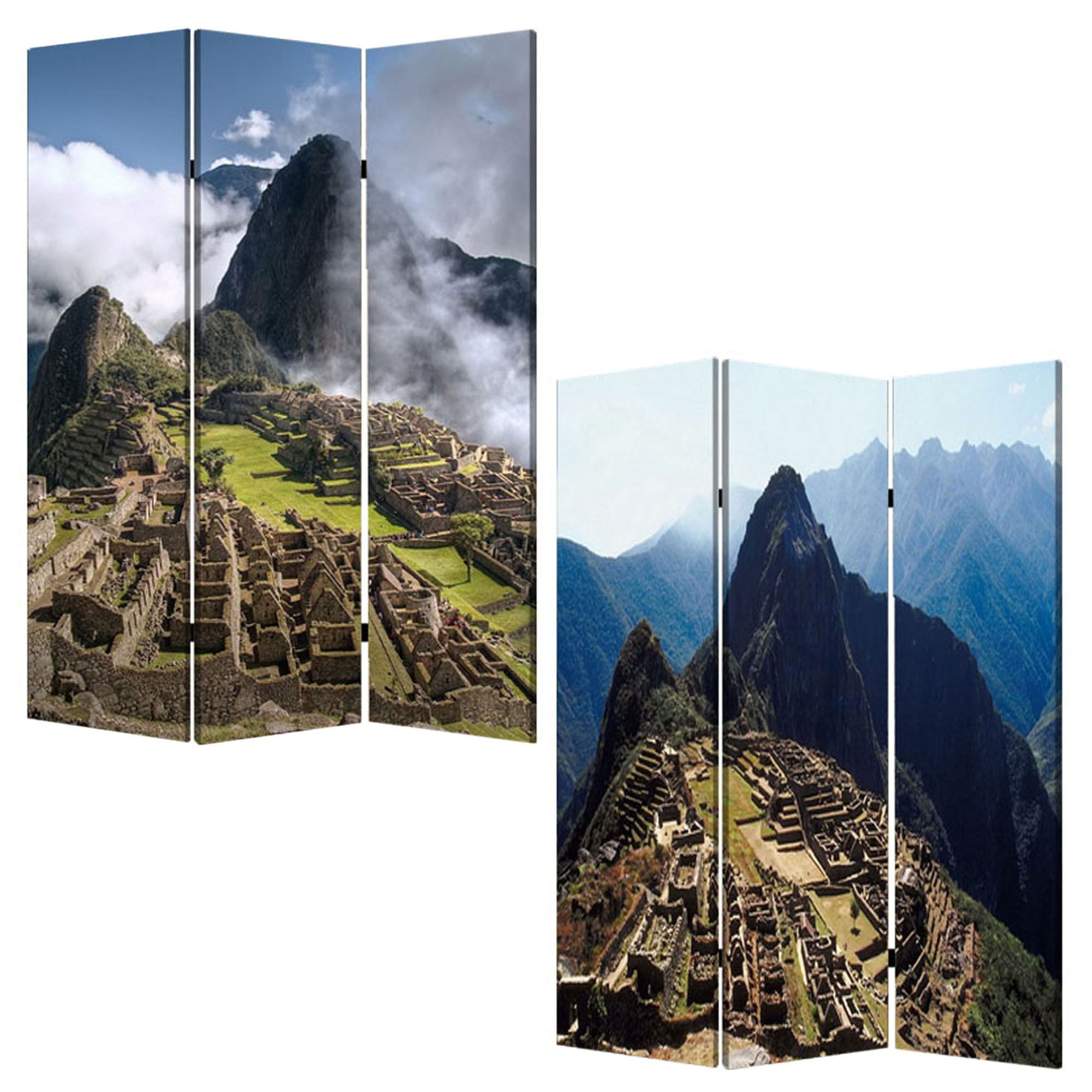 A vibrant three-panel screen featuring colorful Machu Picchu canvas prints, designed to enhance home decor.
