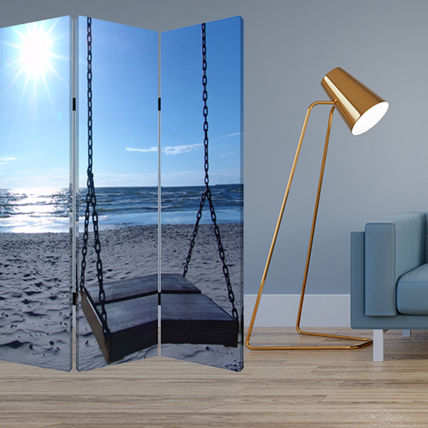 Three-panel screen featuring vibrant seaside-themed canvas prints in multi-color, designed for home decor enhancement.
