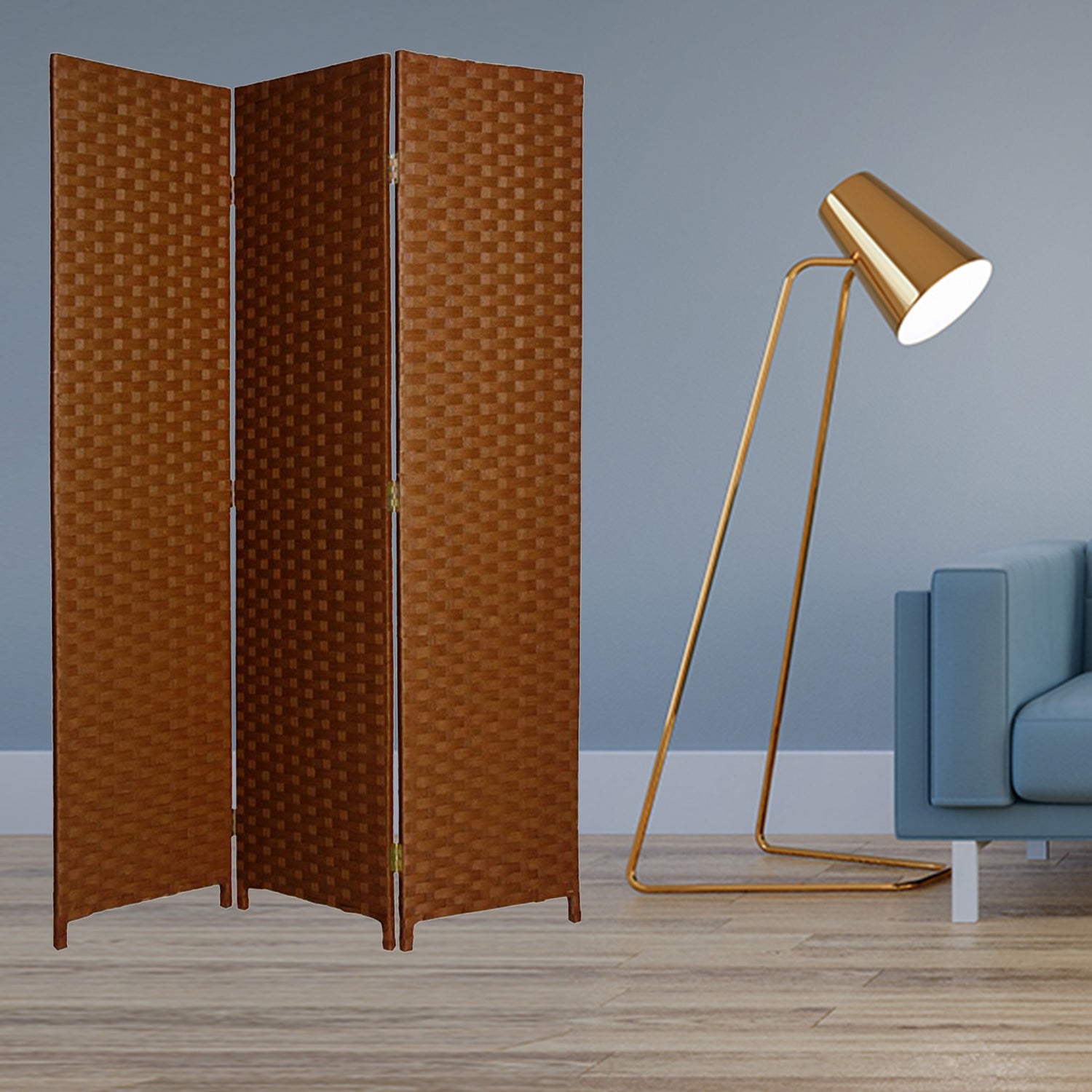 Elegant 3 panel dark brown wood screen with a basket-like weave design, perfect for home decor and privacy.