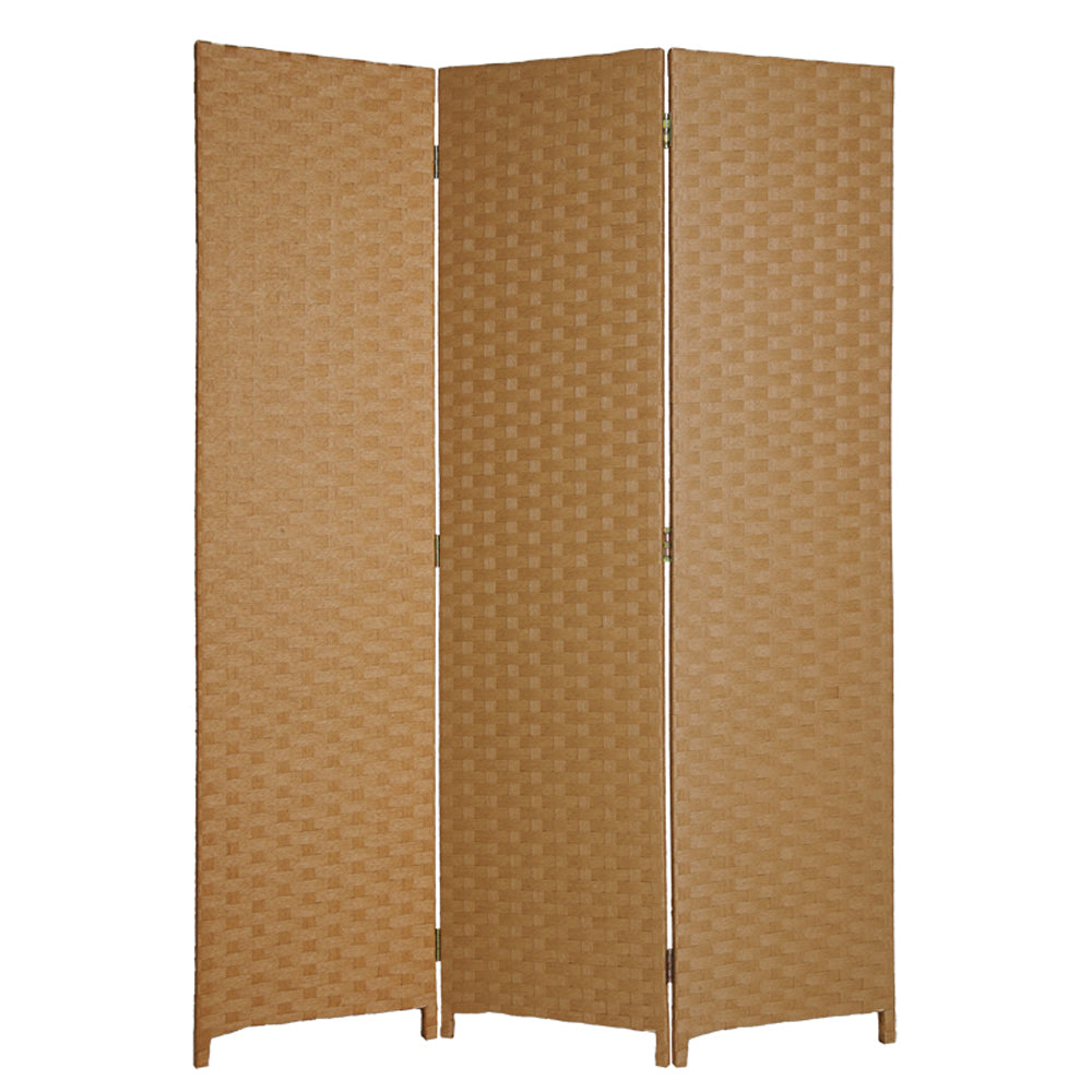 Elegant 3 panel dark brown wood screen with a basket-like weave design, perfect for home decor and privacy.